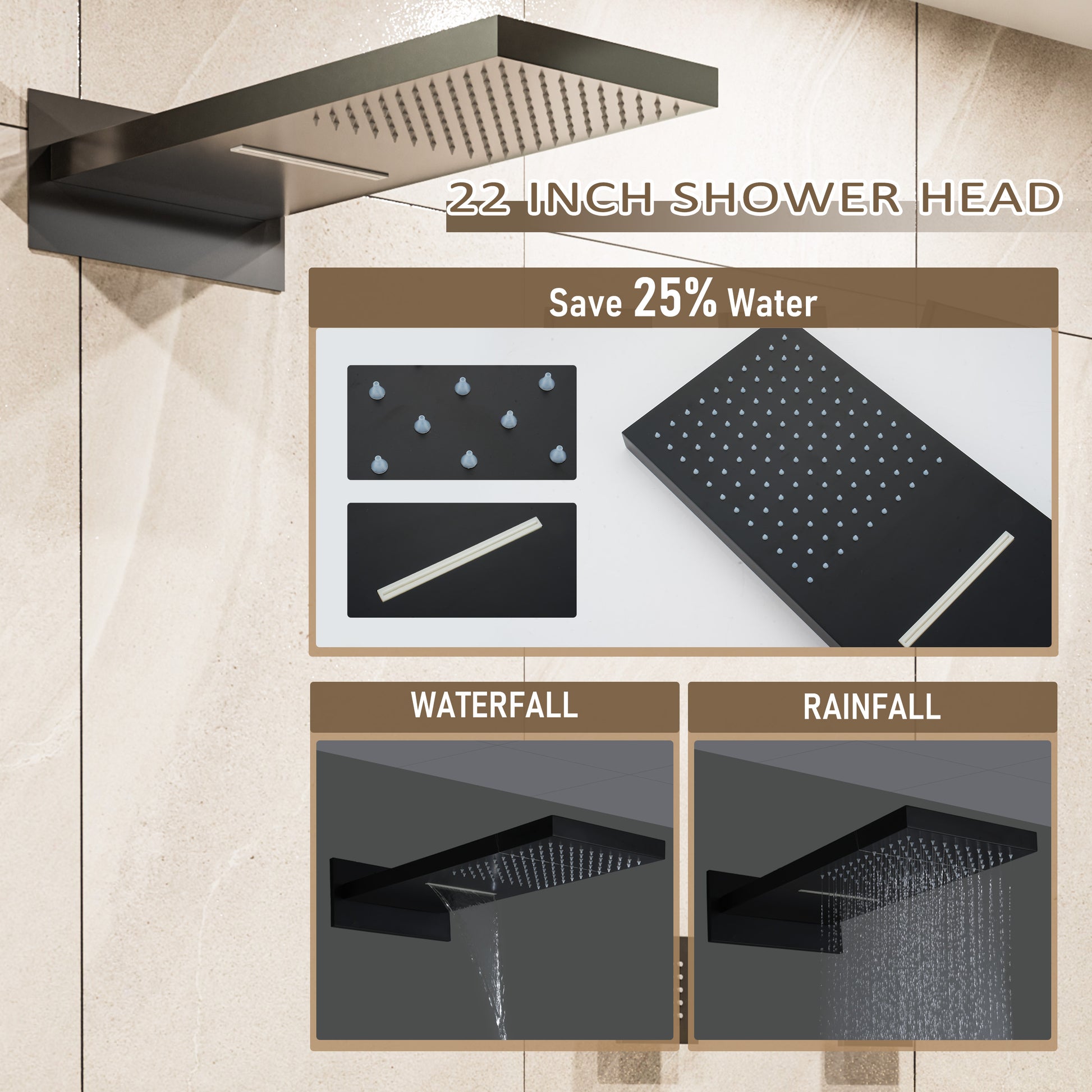 22*9 inch 4-Function Thermostatic Shower System with Digital Display and 6 Body Jets