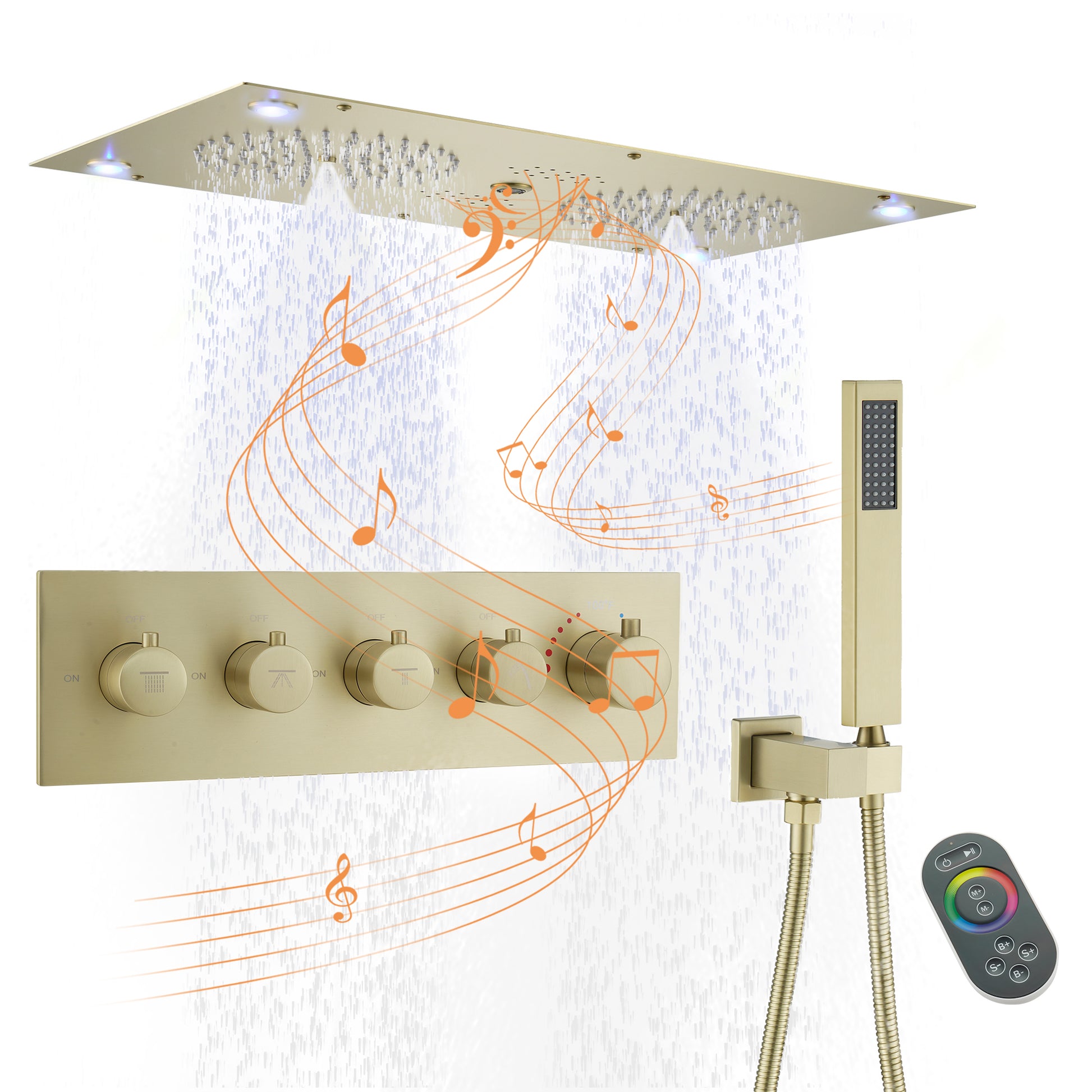 28" x 15" 4-Function Thermostatic Shower System with LED Lights & Bluetooth