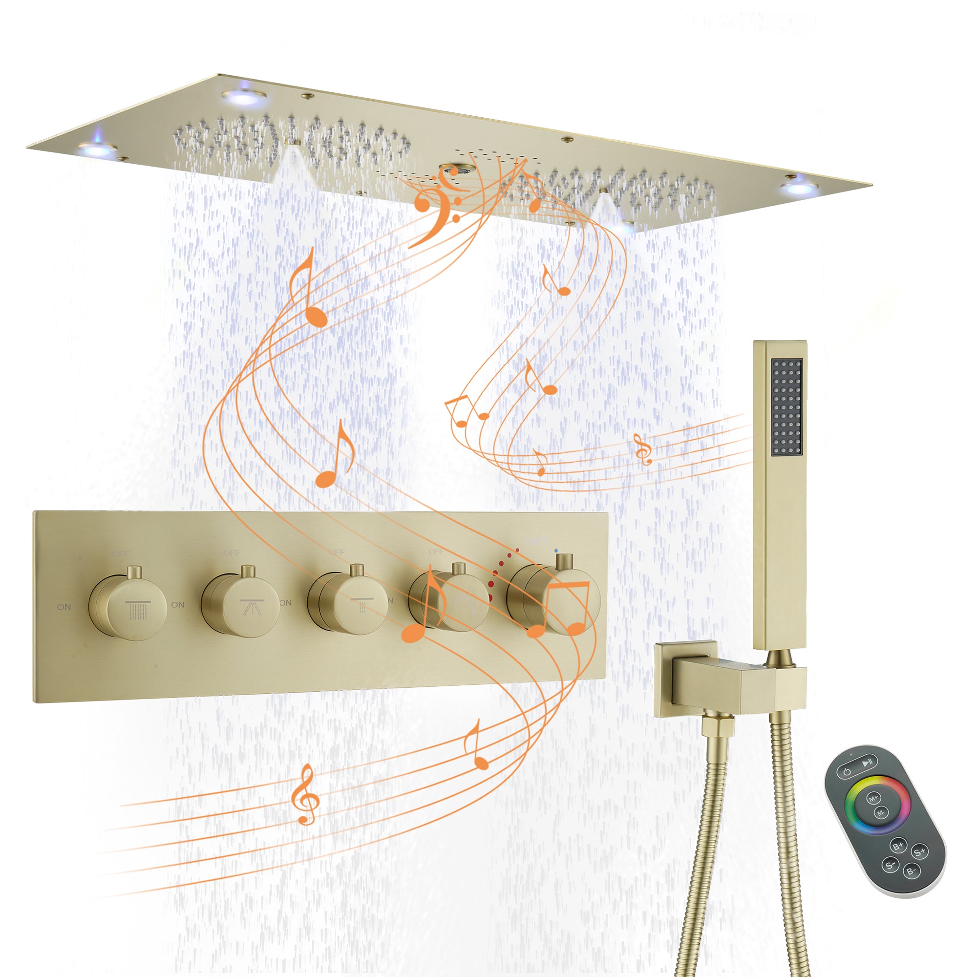 28" x 15" 4-Function Thermostatic Shower System with LED Lights & Bluetooth
