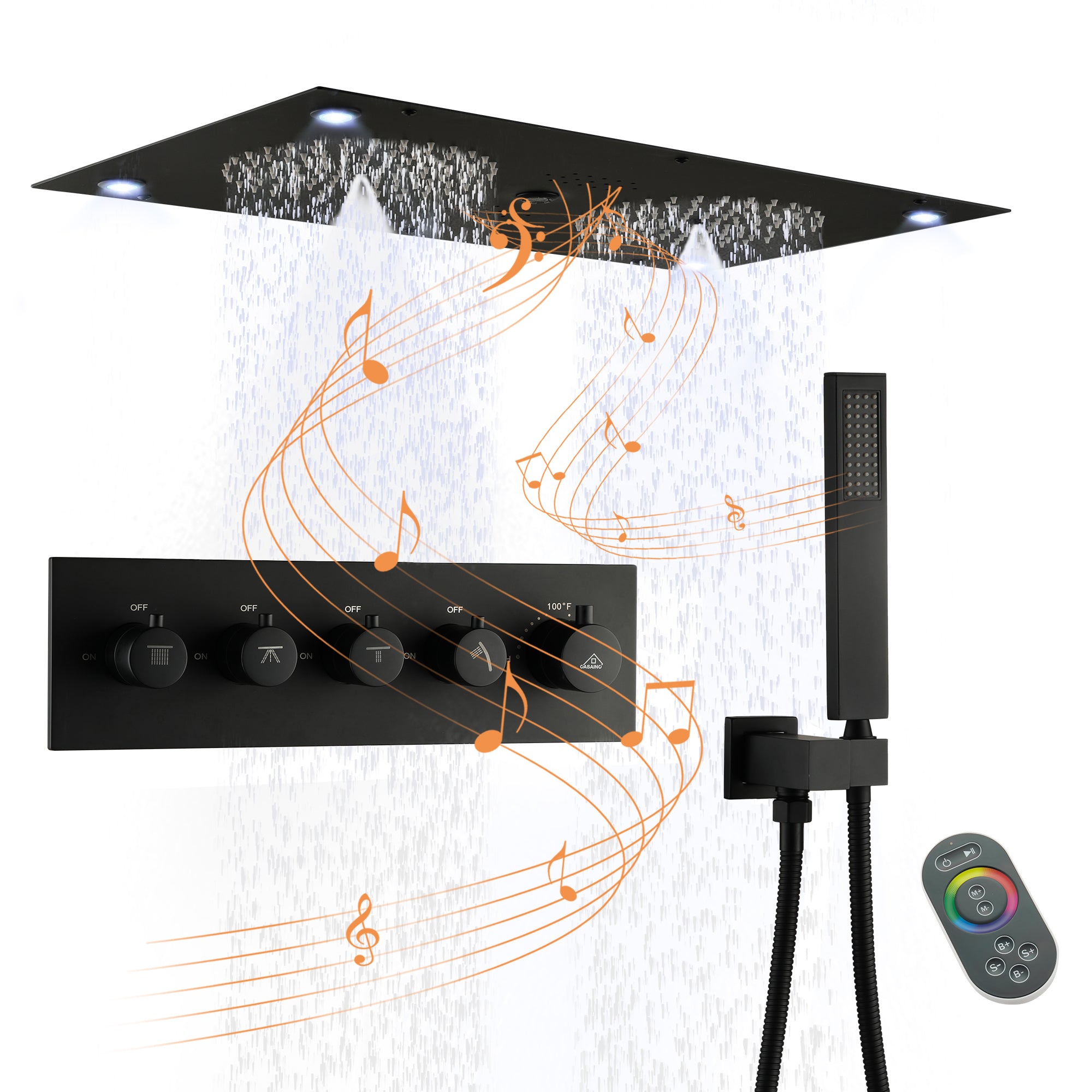 28" x 15" 4-Function Thermostatic Shower System with LED Lights & Bluetooth