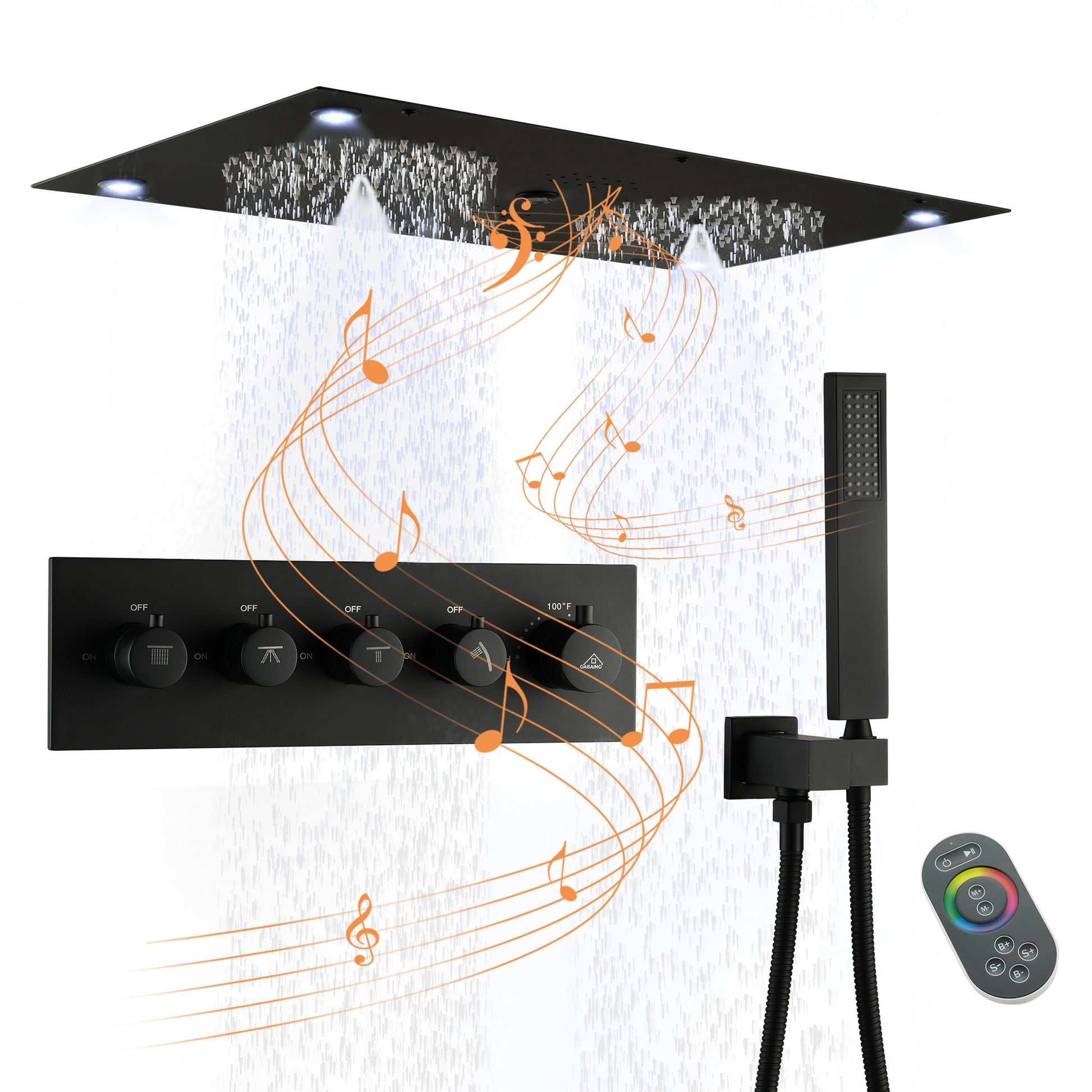 28" x 15" 4-Function Thermostatic Shower System with LED Lights & Bluetooth