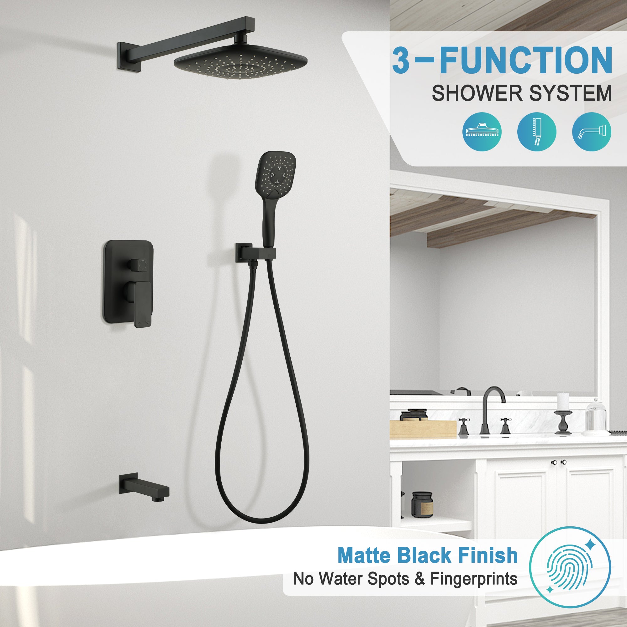 9-inch 3-Way Wall-Mounted Shower System with Tub Spout