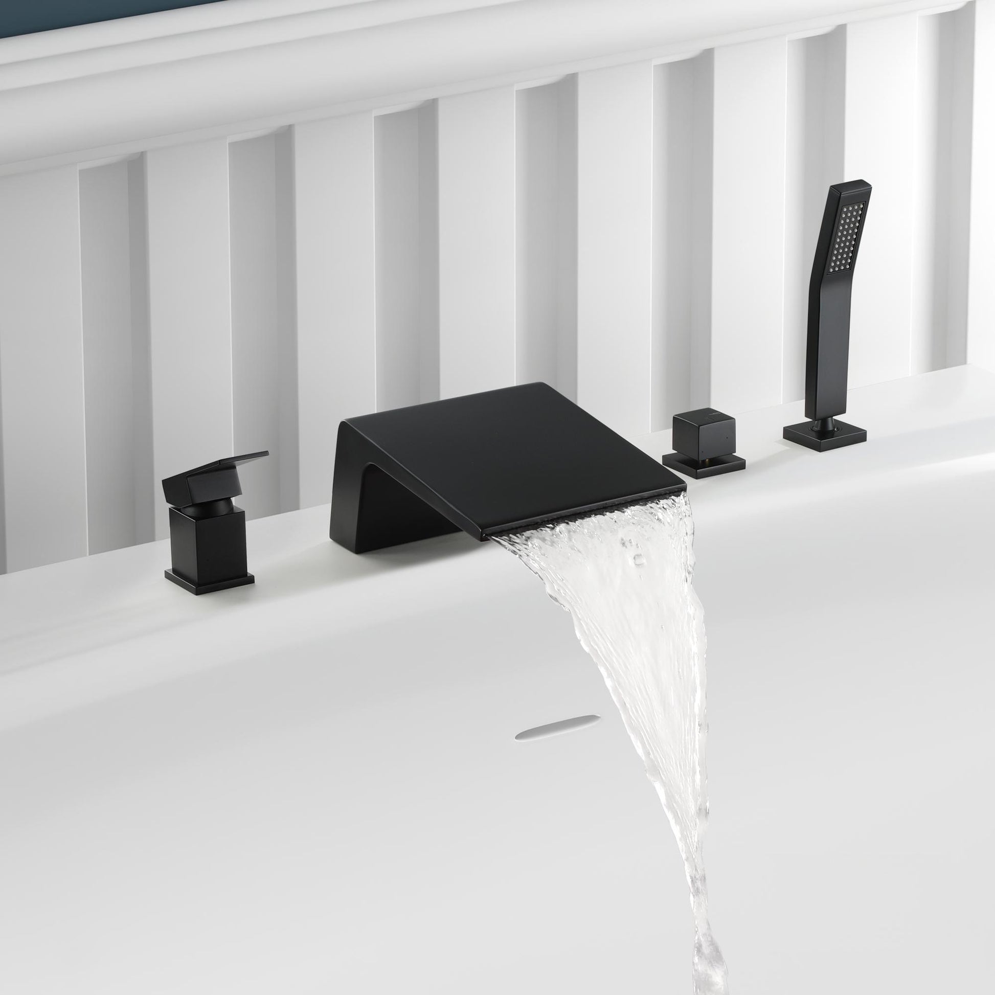 Deck Mounted Roman Tub Faucet with Hand Shower and Water Supply Hose