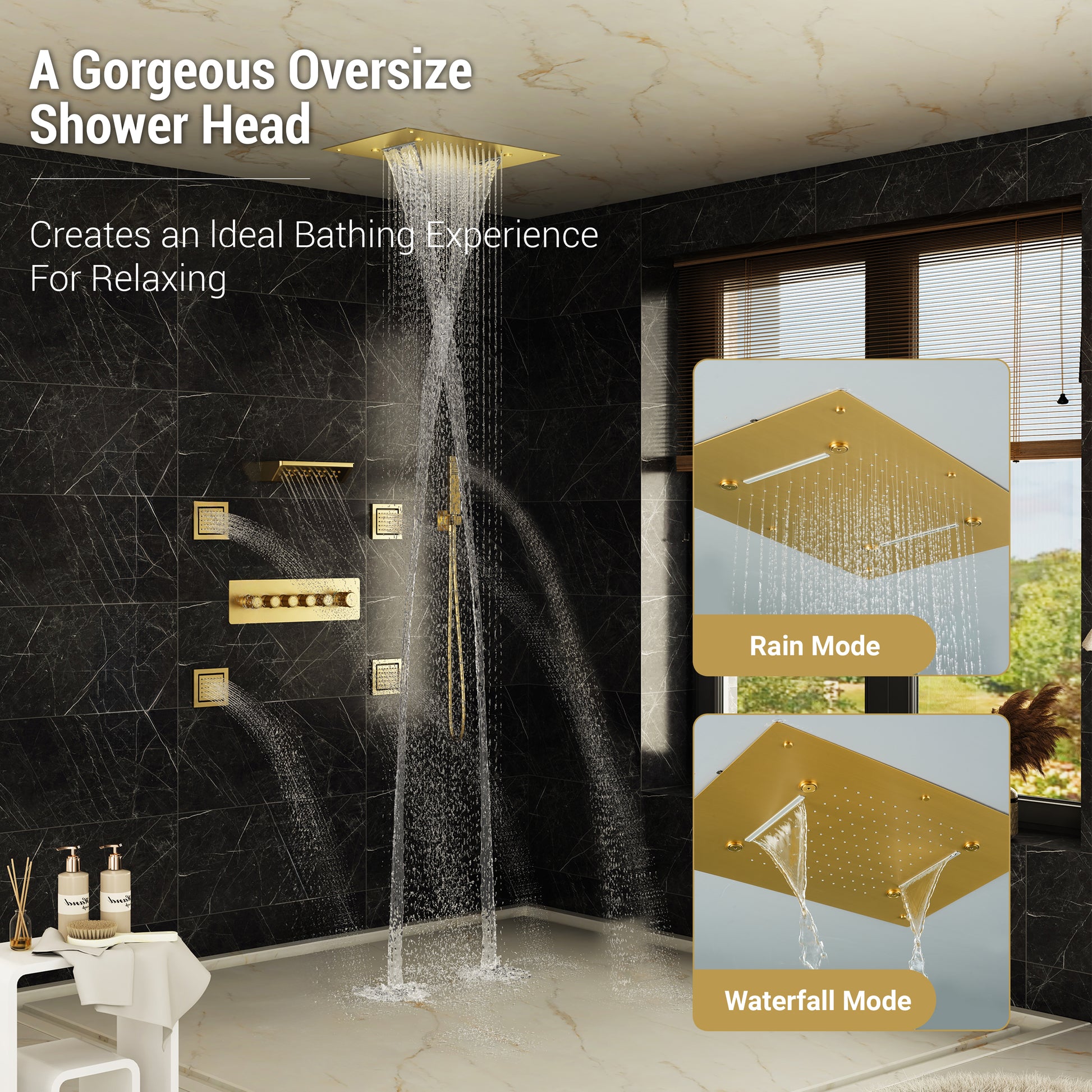 23.6" x 15.7" Ceiling-Mounted 5-Function Thermostatic Shower System with Neck/Back Massage Spout