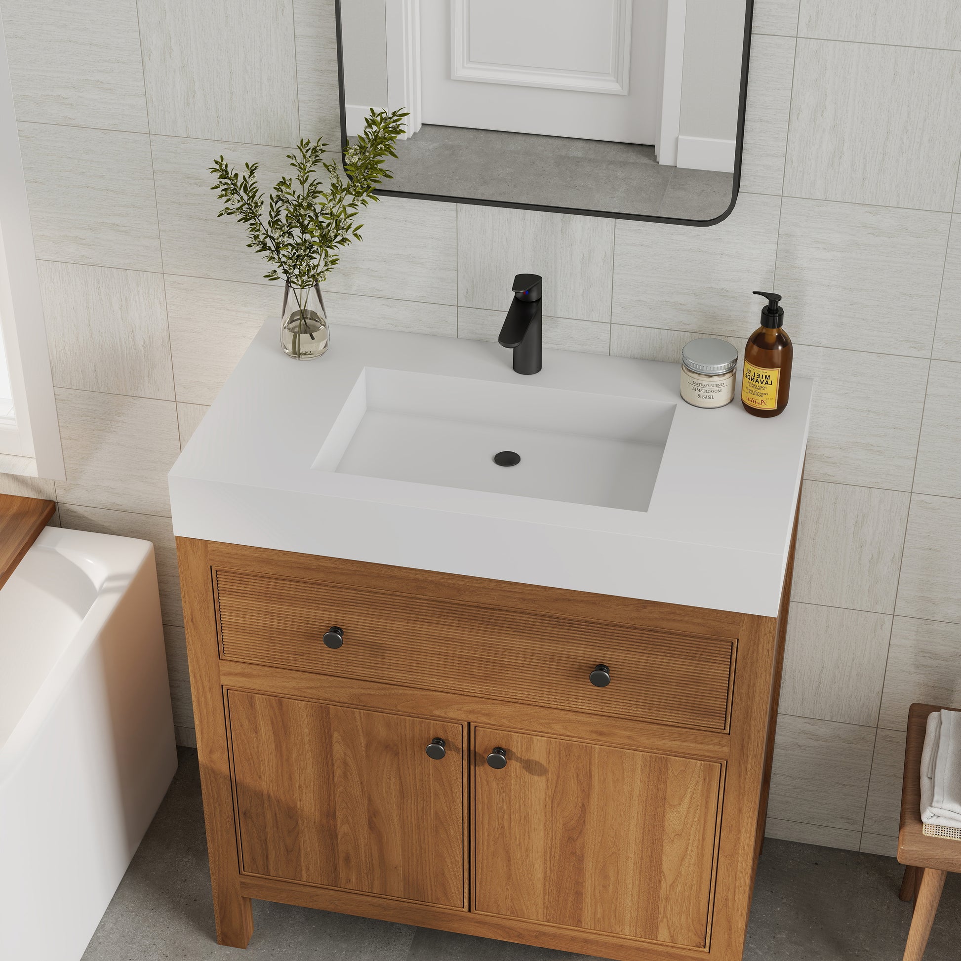 35" Solid Surface Wall Mounted Basin Sink in Matte White