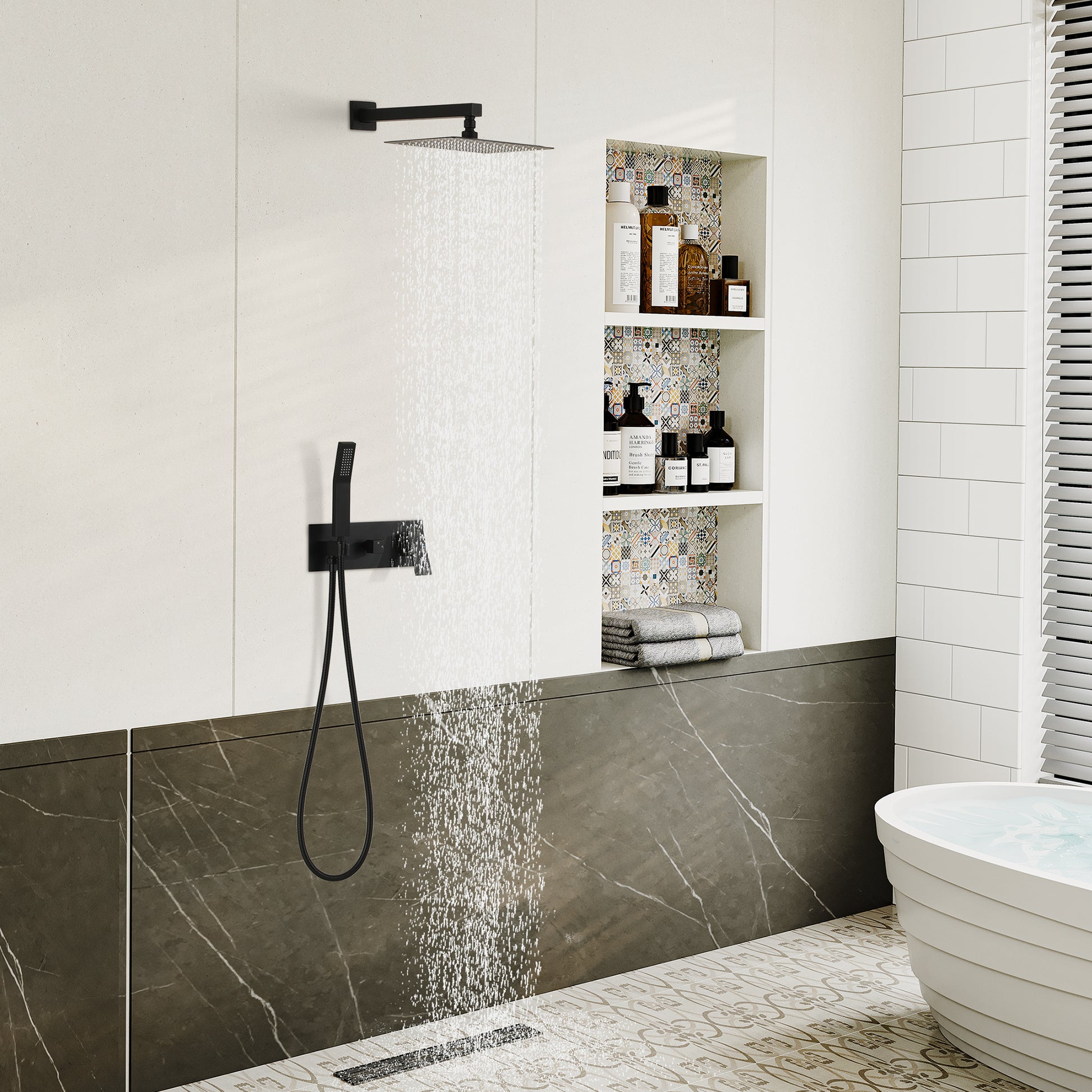 10" Wall-Mounted Shower System with Brass Handheld Spray in Matte Black