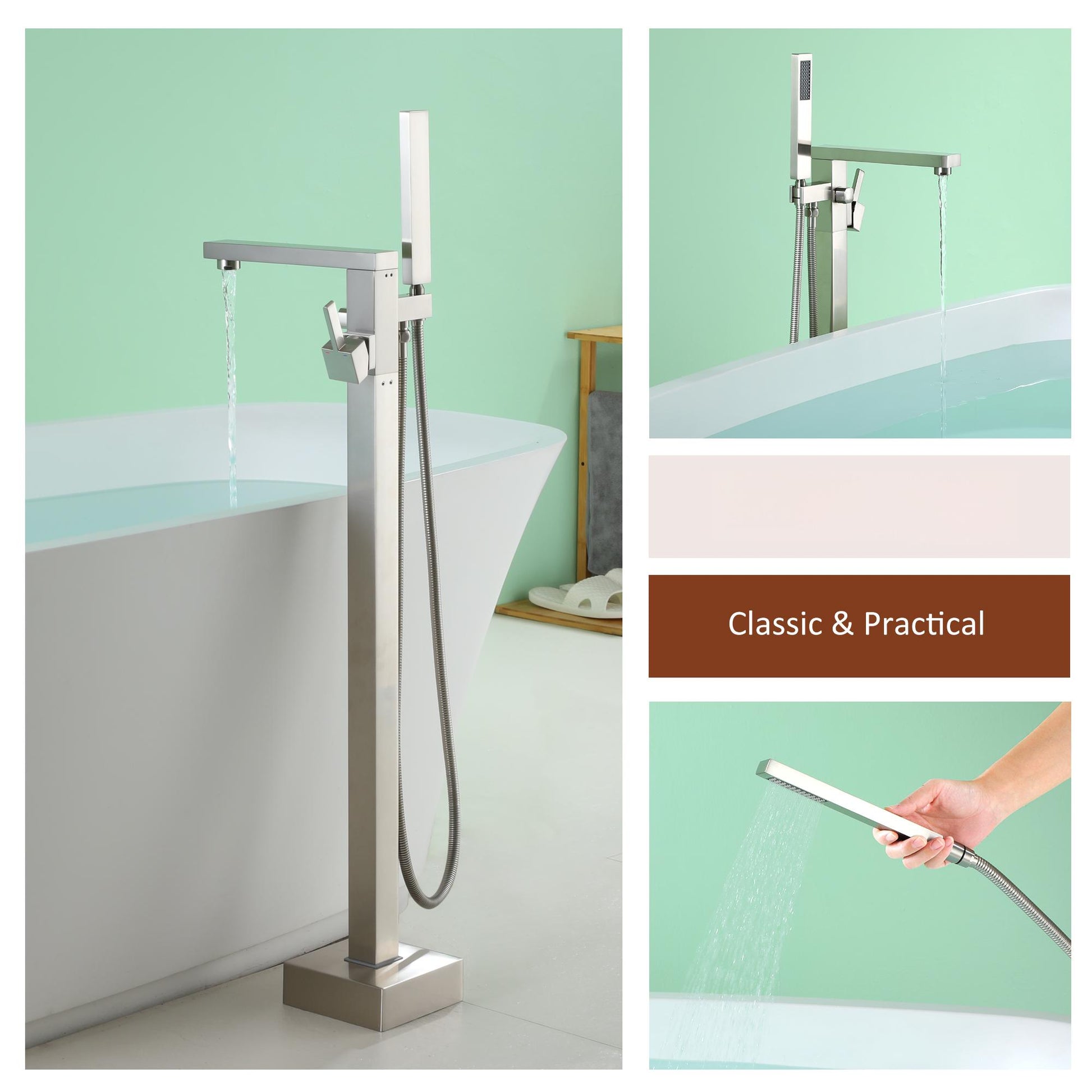 Single Handle Freestanding Tub Faucet with Hand Shower in Brushed Nickel