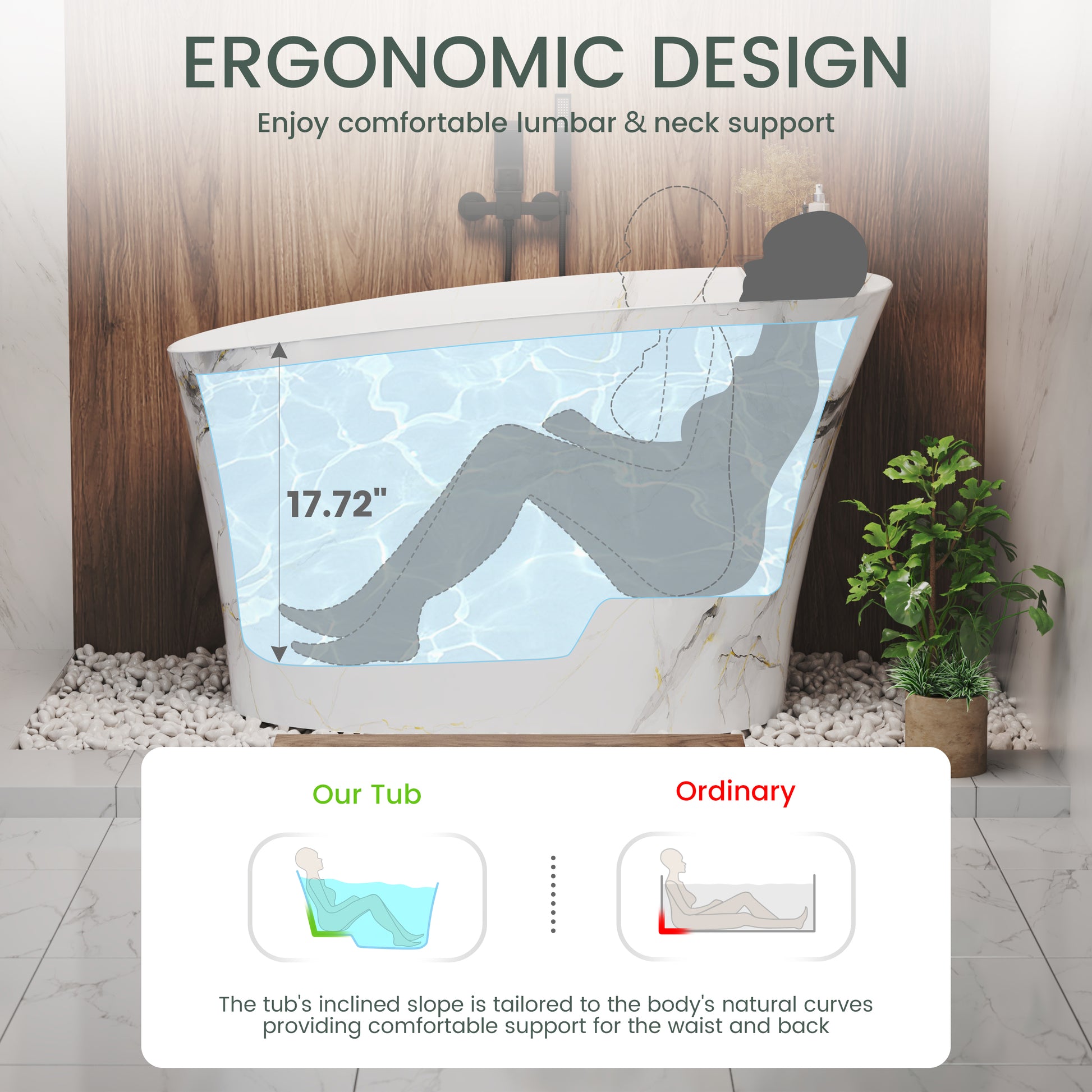 51" Freestanding Solid Surface Soaking Tub with Built-In Seat in Wood Grain & Marble Finish