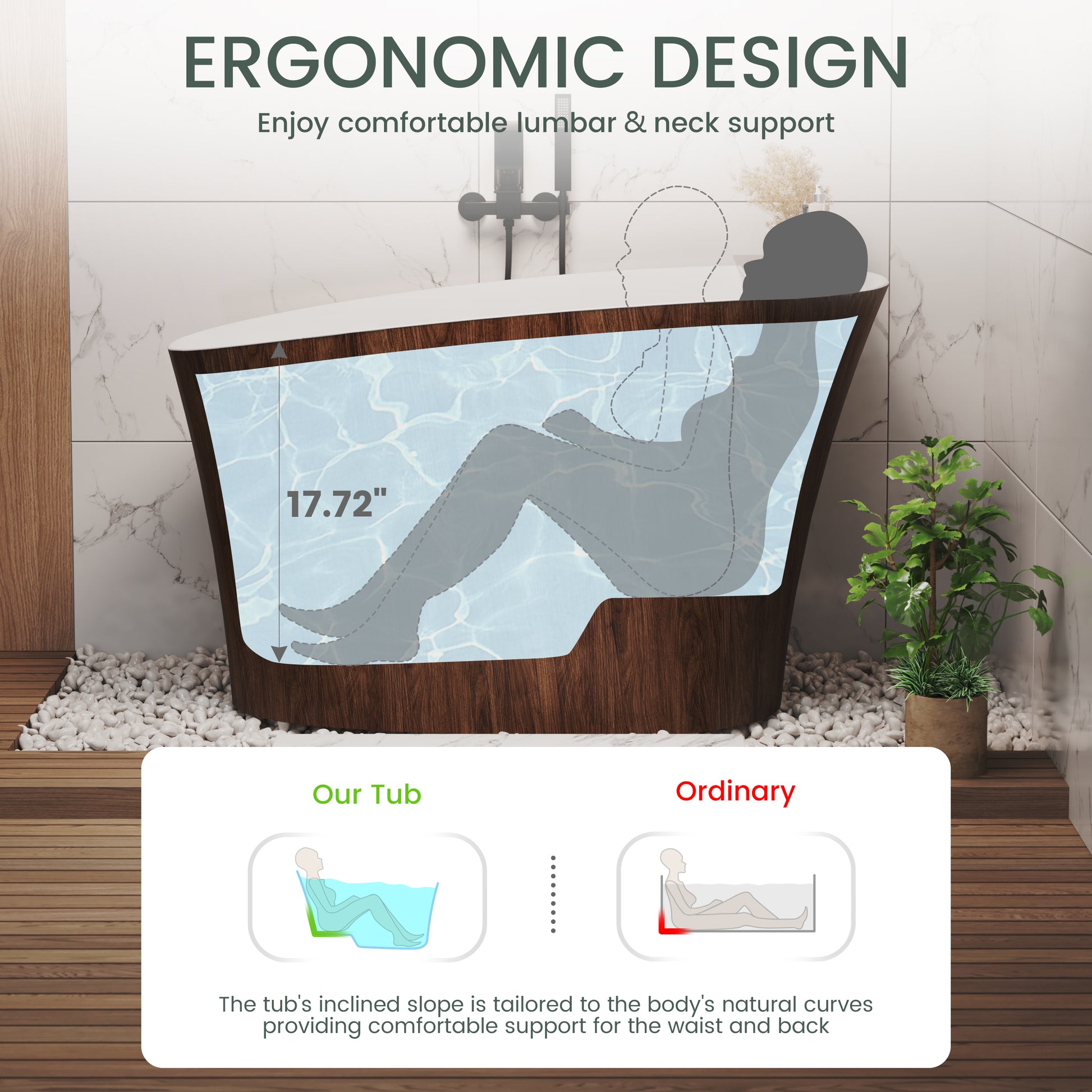 51" Freestanding Solid Surface Soaking Tub with Built-In Seat in Wood Grain & Marble Finish