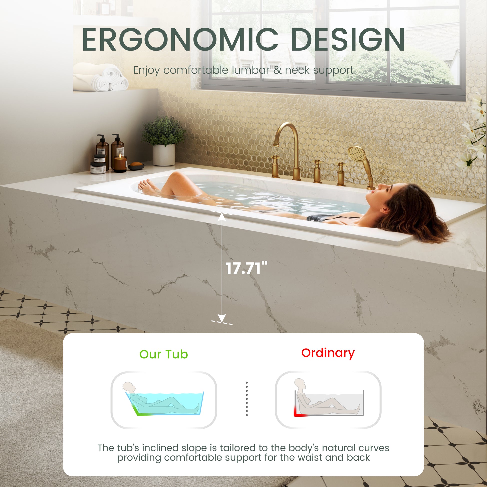 60" Luxury Drop-In Acrylic Soaking Bathtub with Rounded Interior