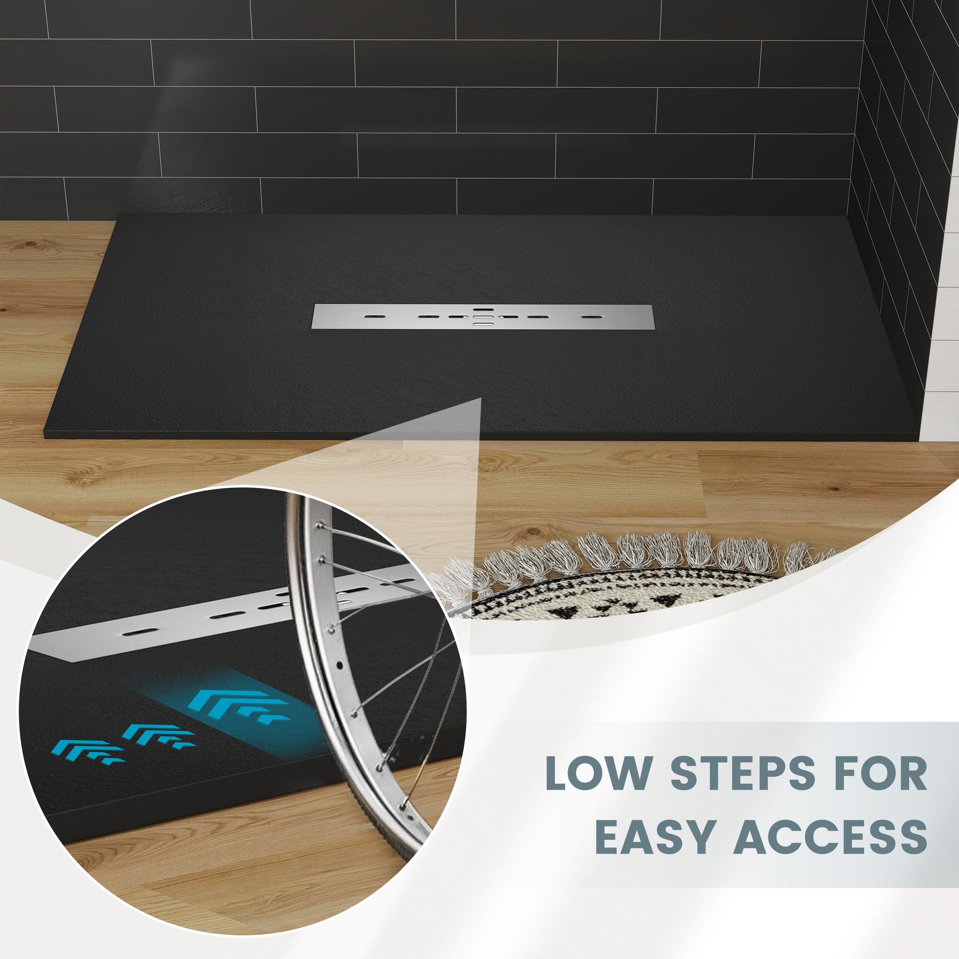 Durable SMC Composite Shower Base Pan with Center Drain in Black & White