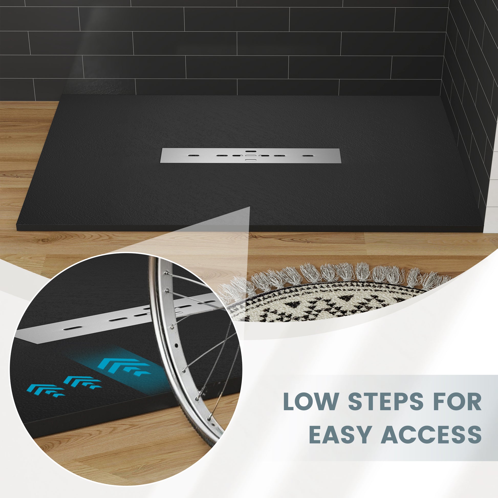 Durable SMC Composite Shower Base Pan with Center Drain in Black & White