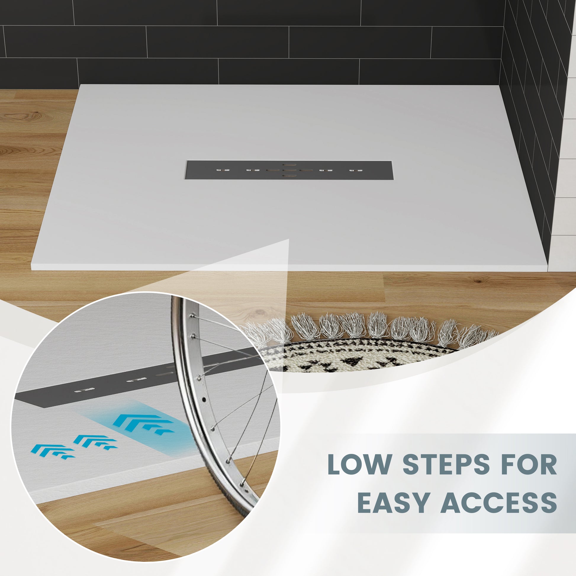 Durable SMC Composite Shower Base Pan with Center Drain in Black & White