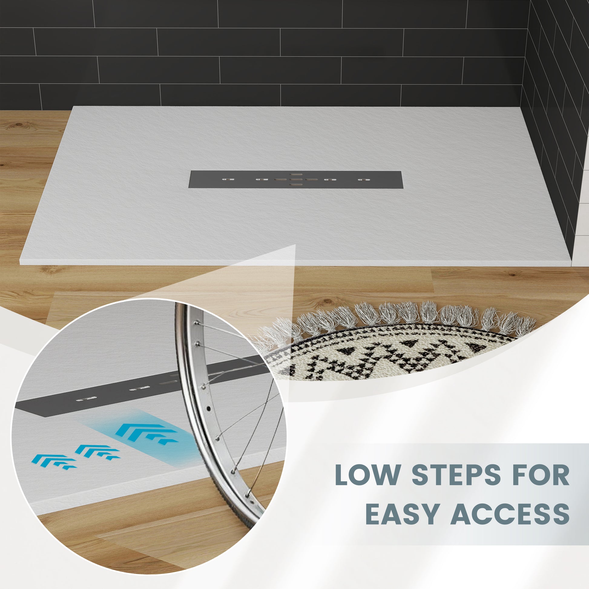 Durable SMC Composite Shower Base Pan with Center Drain in Black & White