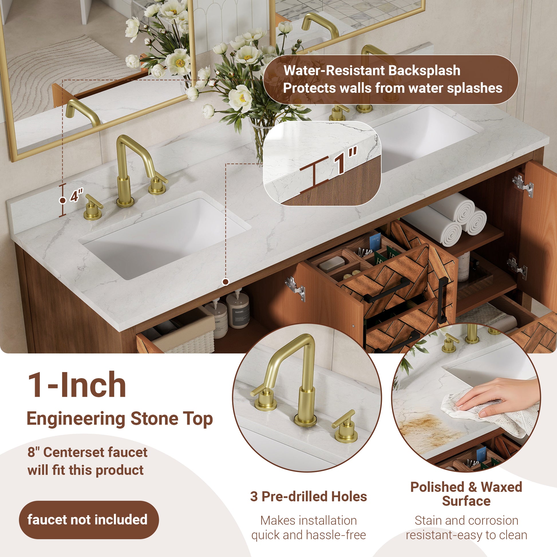 60" Double Sink Bathroom Vanity with Engineering Stone Top & 2 Basins