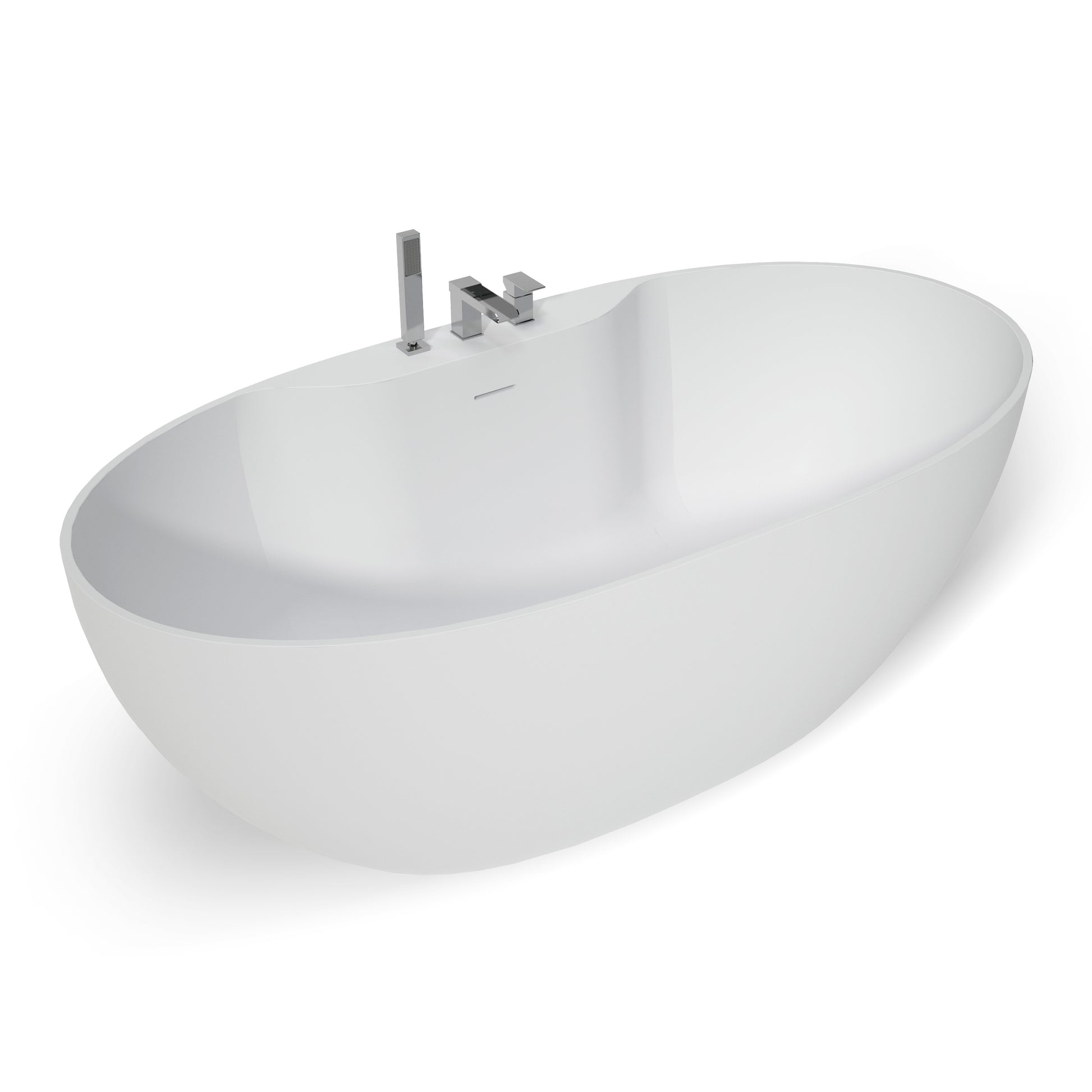 63" Matte White Solid Surface Freestanding Soaking Bathtub with Deck-Mount Faucet Set