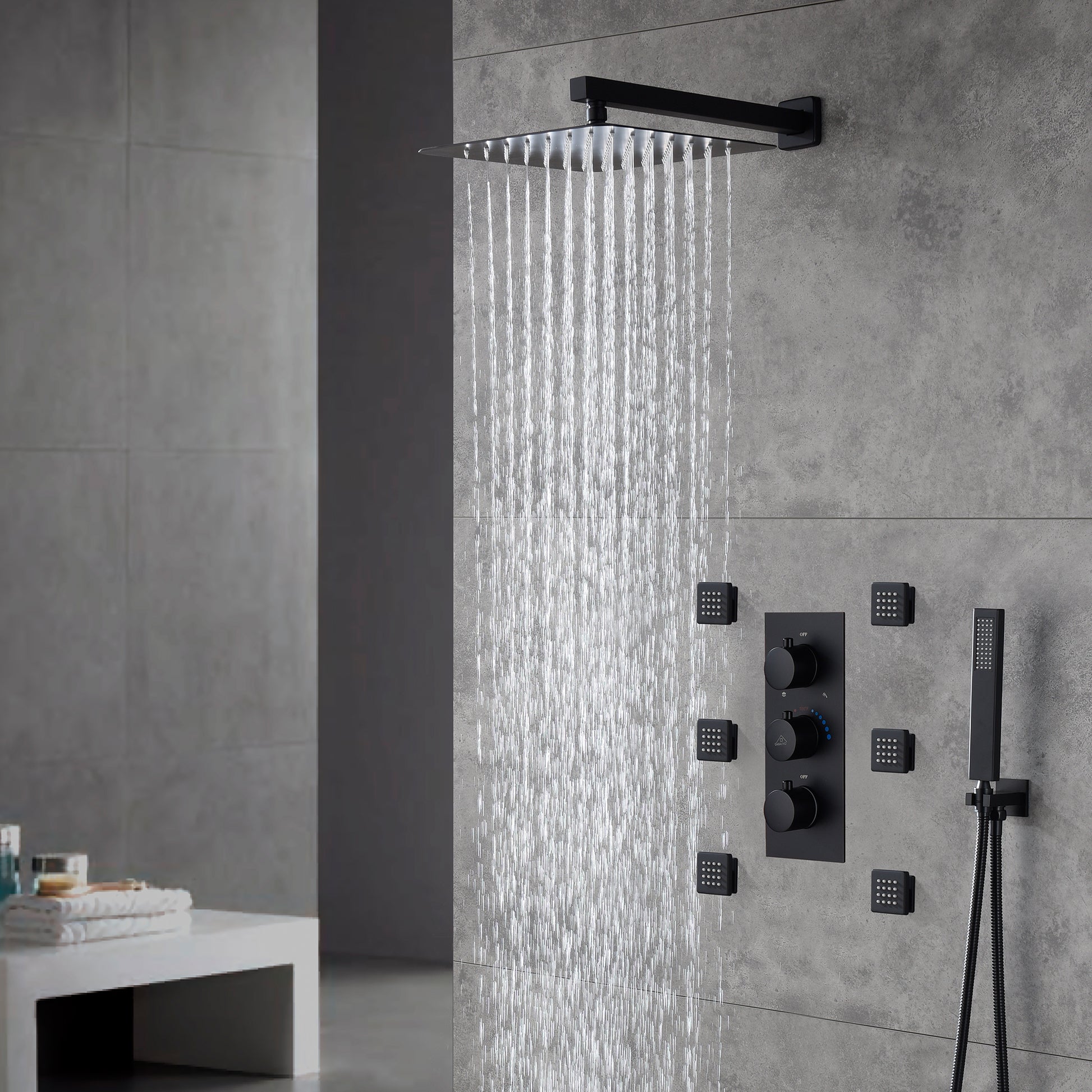 12" Thermostatic Complete Shower System with Rough-in Valve & 6 Body Jets