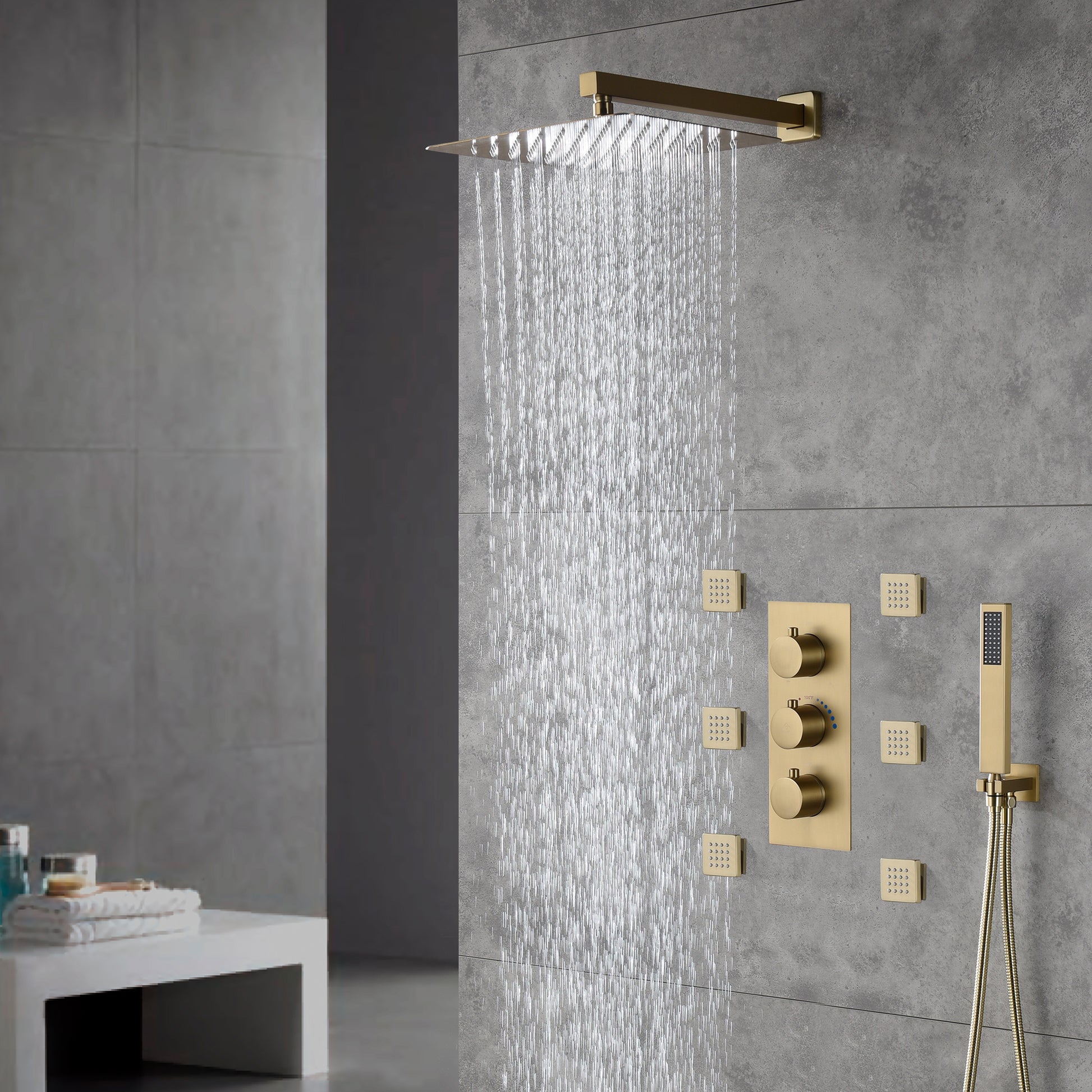 12" Thermostatic Complete Shower System with Rough-in Valve & 6 Body Jets