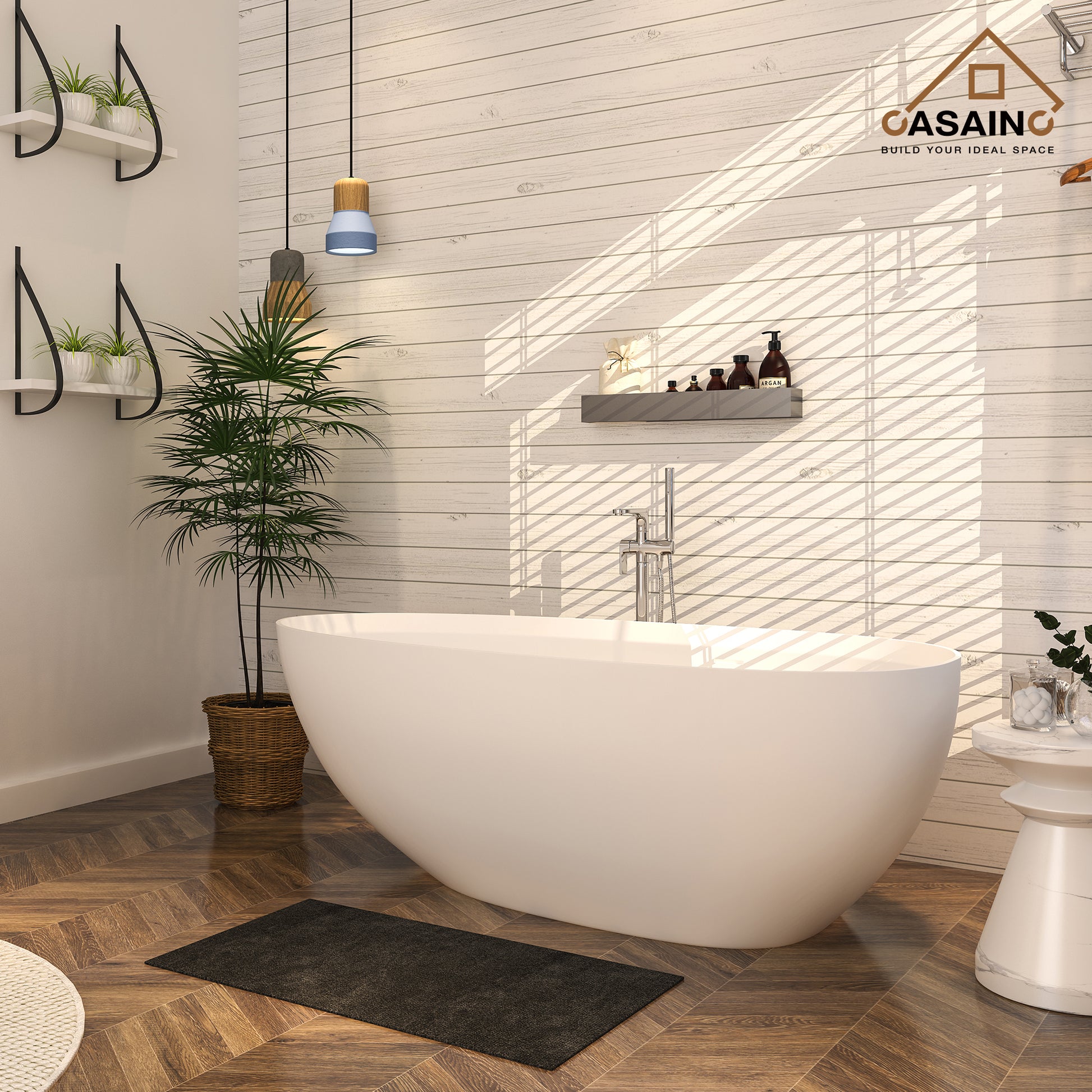 CASAINC 59/63/67/71" Solid Surface Freestanding Bathtub, Egg Shell Shaped Stone Resin Freestanding Tubs, Contemporary Oval Soaking Tub with Overflow and  Drain, Matte White