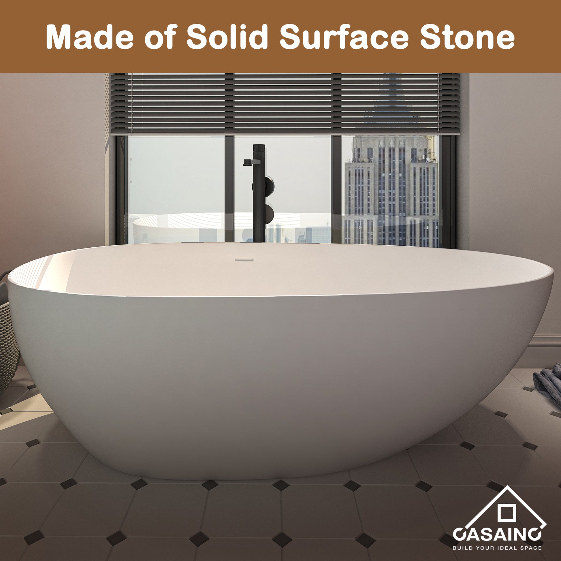 CASAINC 59/63/67/71" Solid Surface Freestanding Bathtub, Egg Shell Shaped Stone Resin Freestanding Tubs, Contemporary Oval Soaking Tub with Overflow and  Drain, Matte White