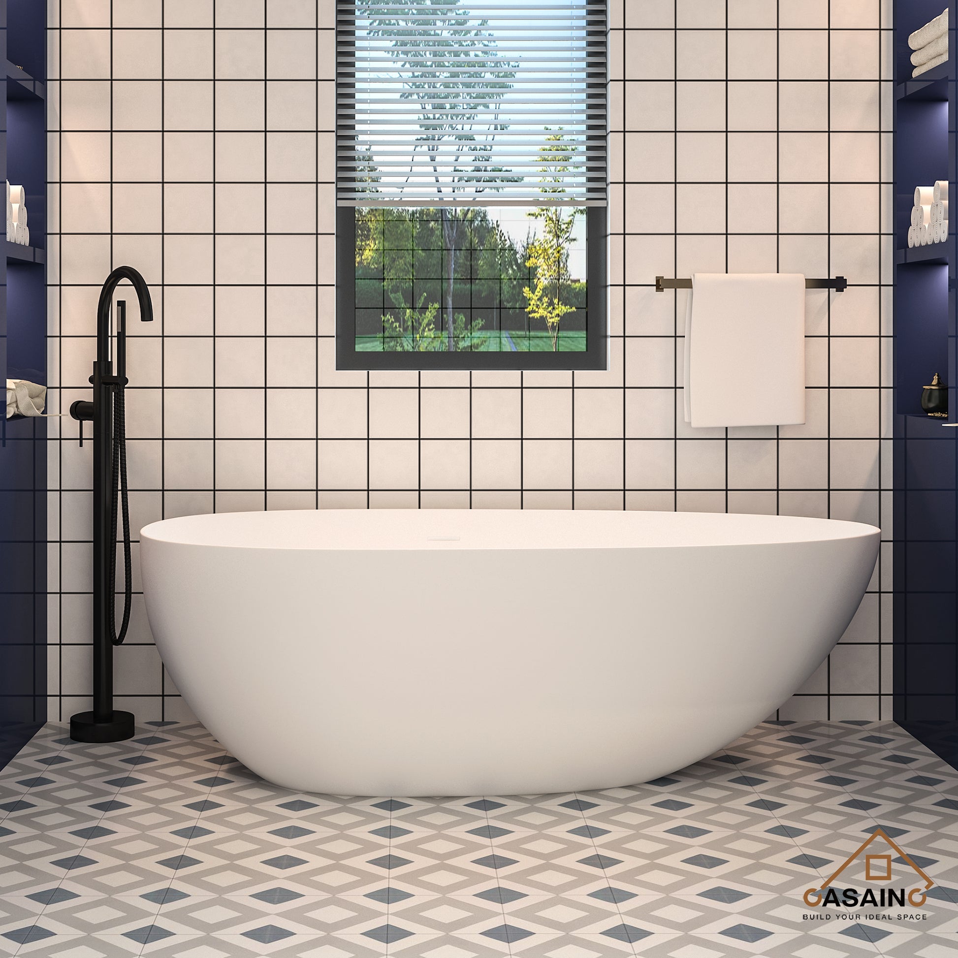 CASAINC 59/63/67/71" Solid Surface Freestanding Bathtub, Egg Shell Shaped Stone Resin Freestanding Tubs, Contemporary Oval Soaking Tub with Overflow and  Drain, Matte White