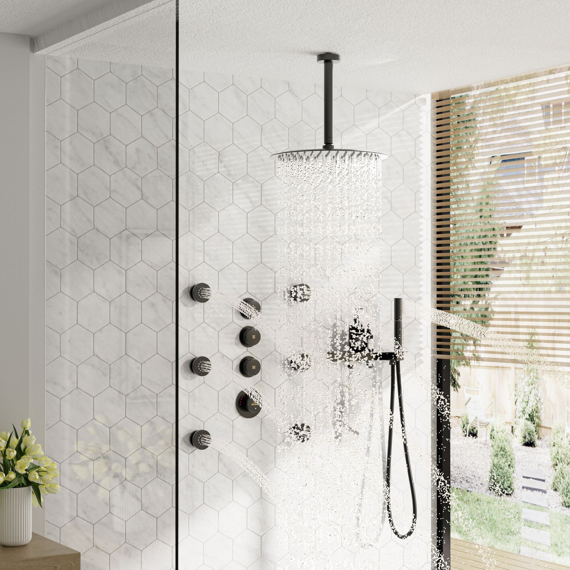 12" Shower System With Shelf, Handheld Shower With Spray Gun Feature
