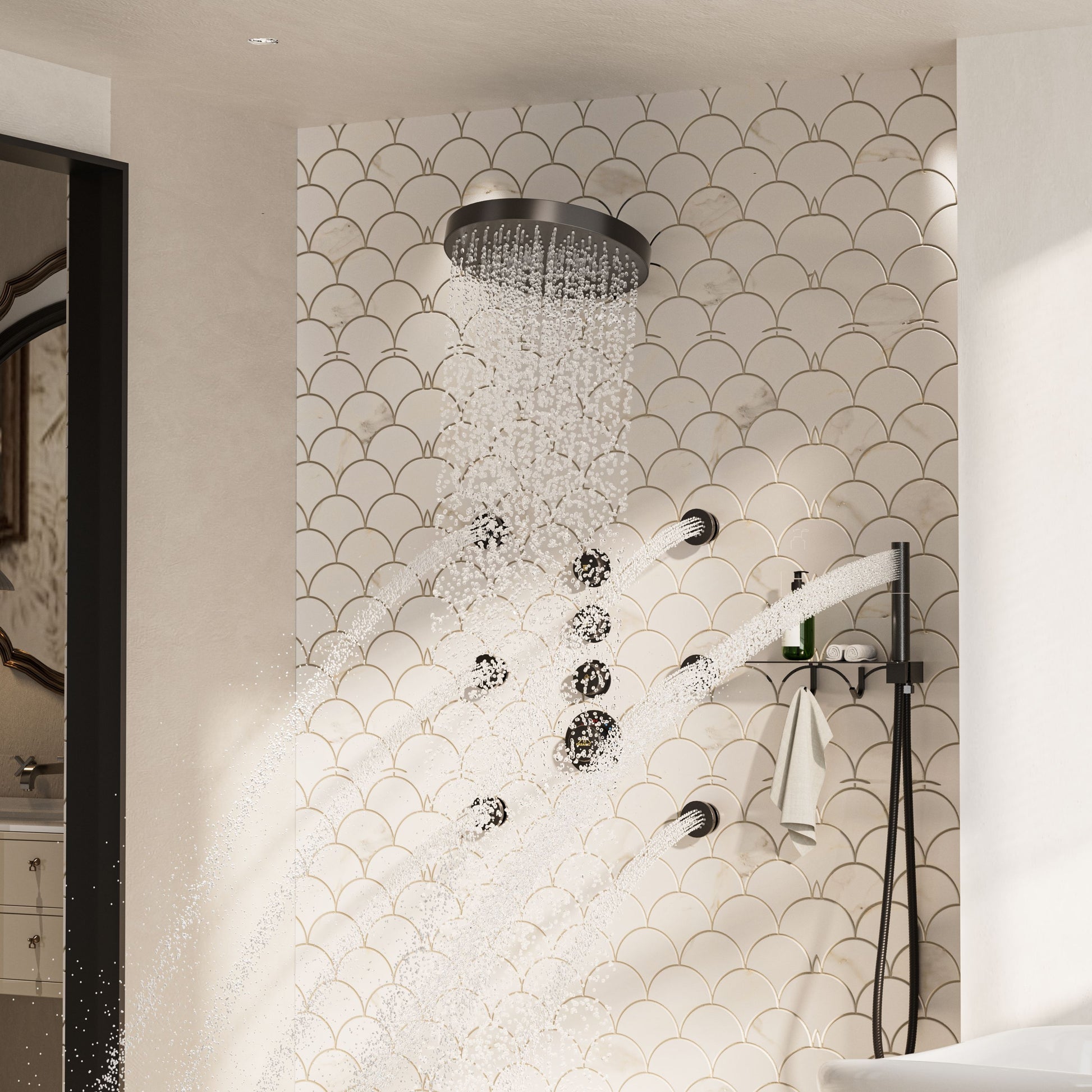 12" Adjustable Shower Head With Shelf Shower System, Hand Shower With Spray Gun Function