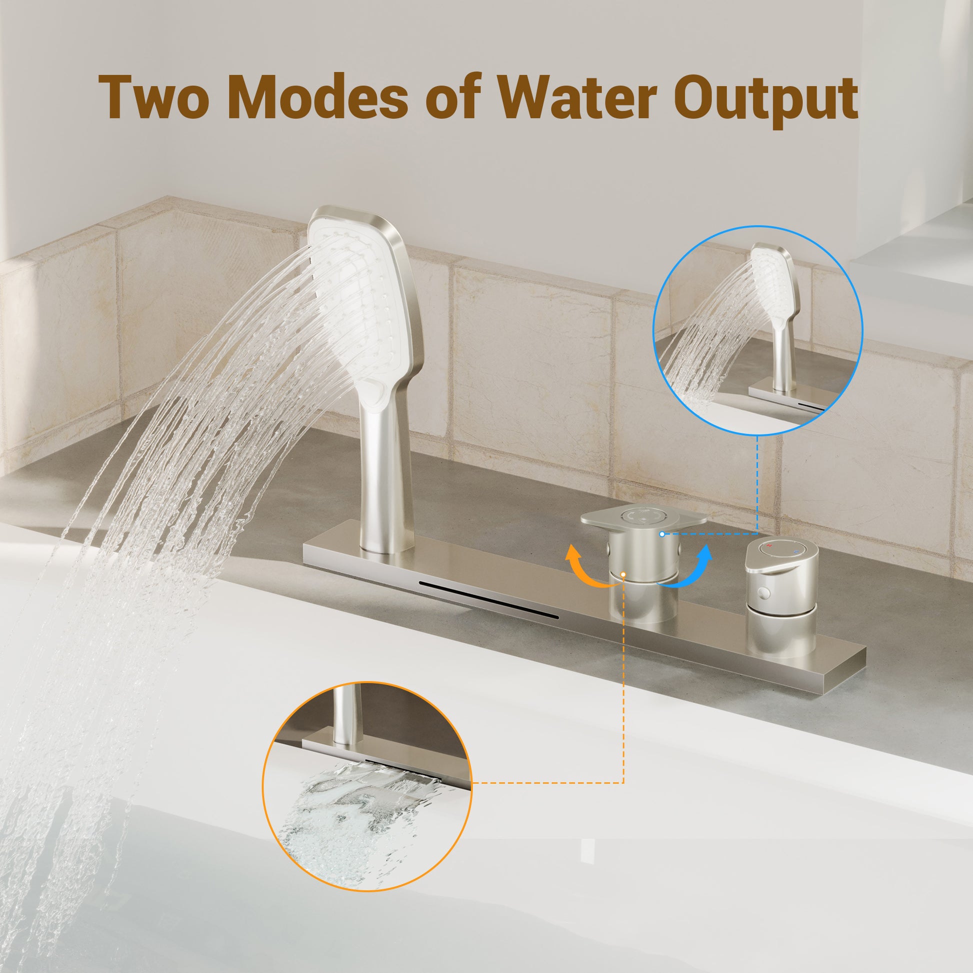 2-Handle Deck-Mounted Bathtub Faucet with 2 Spray Modes Hand Shower