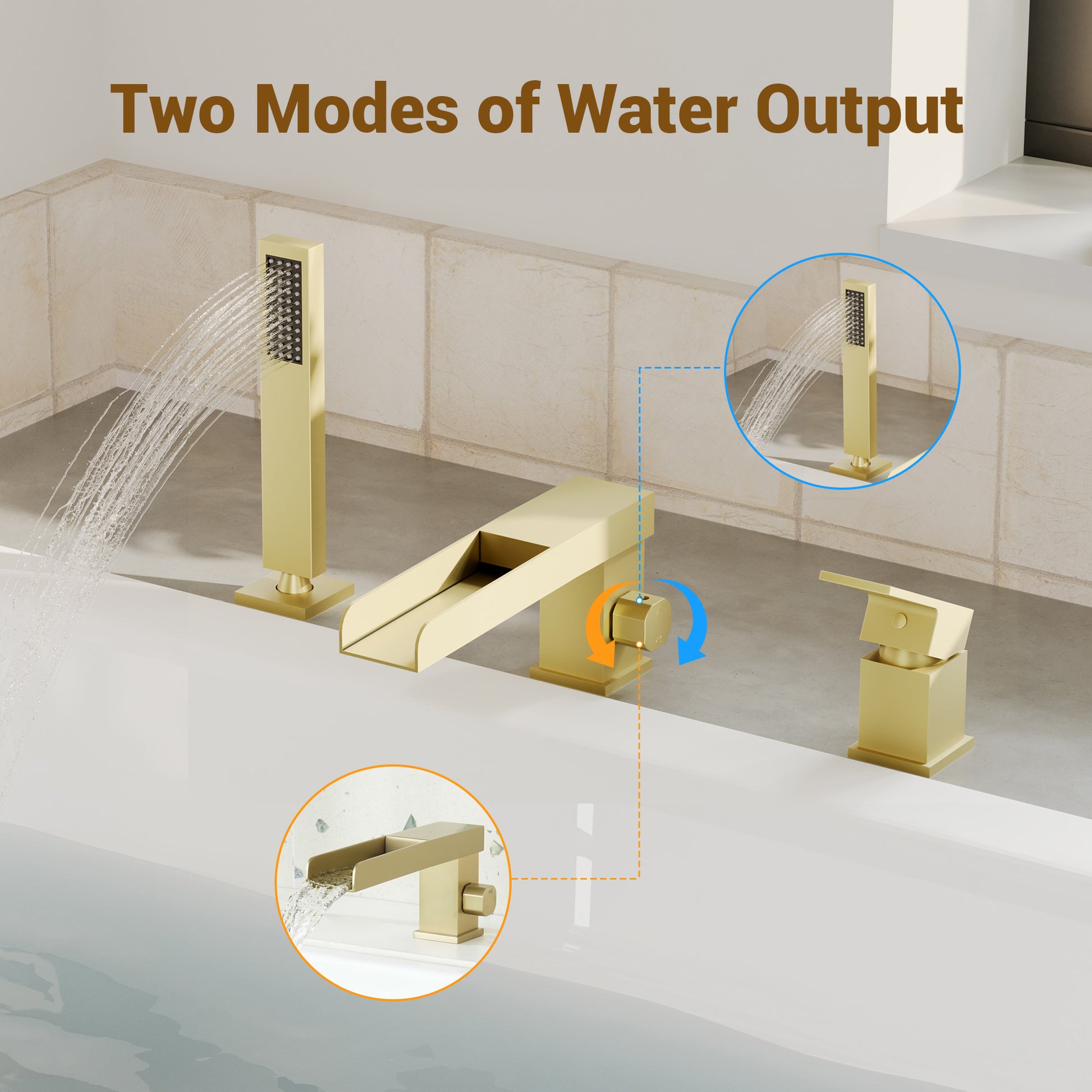 Single-Handle 3 Holes Waterfall Bathtub Filler Faucet with Hand Shower