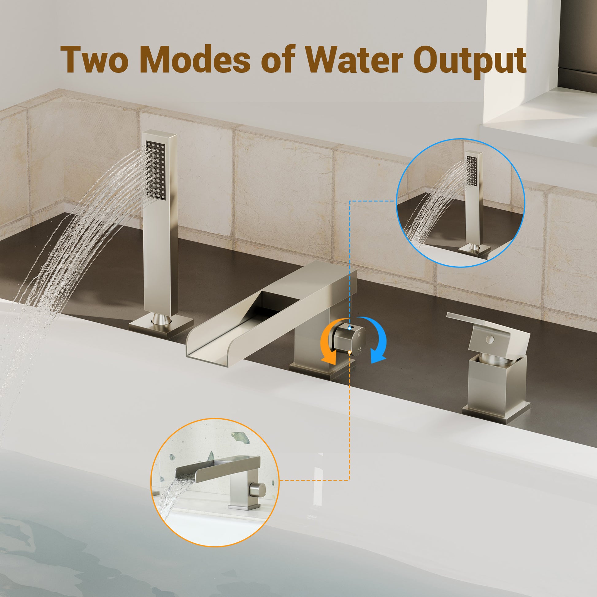 Single-Handle 3 Holes Waterfall Bathtub Filler Faucet with Hand Shower