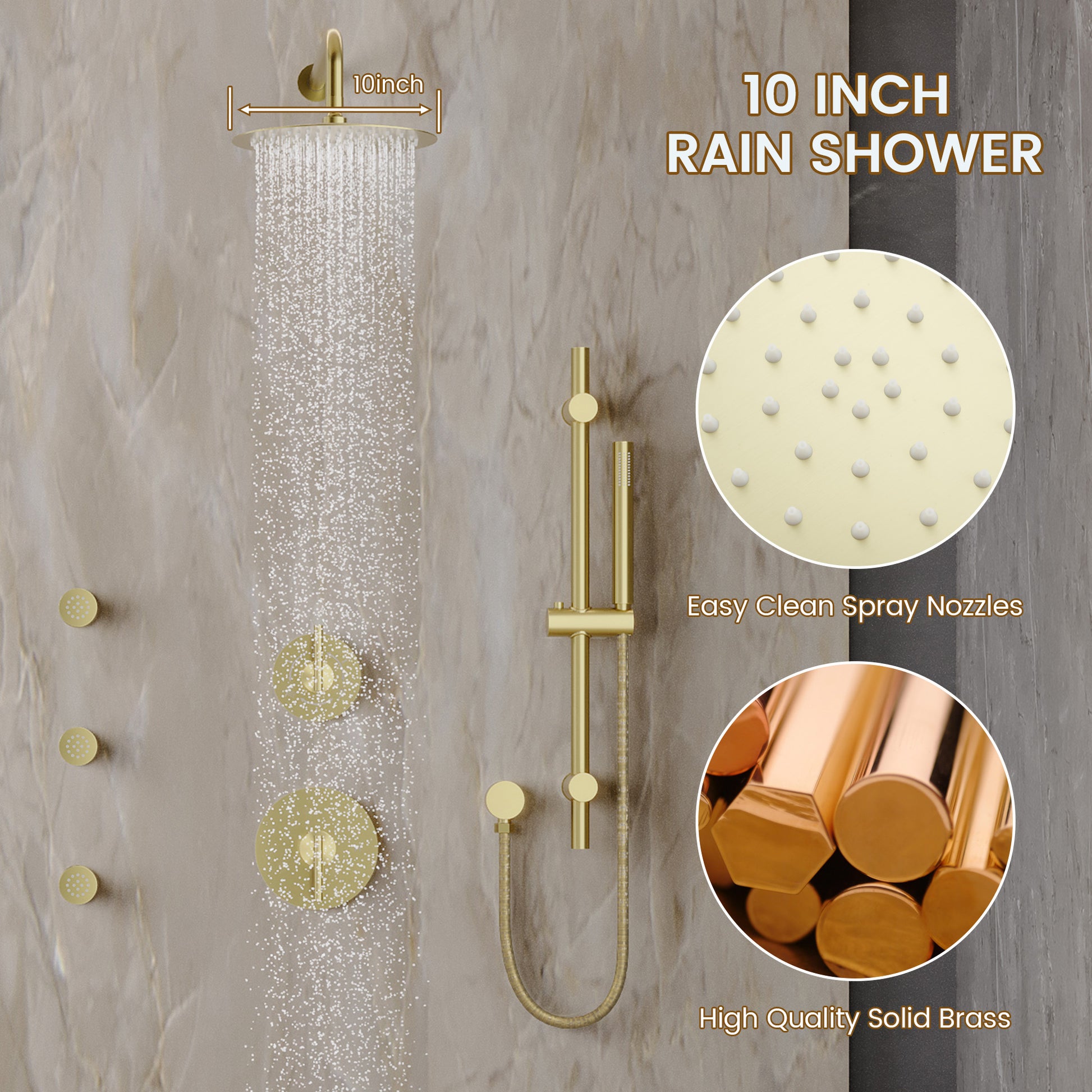 10-inch Wall-Mounted Rain Shower System with Body Jets & Slide Bar