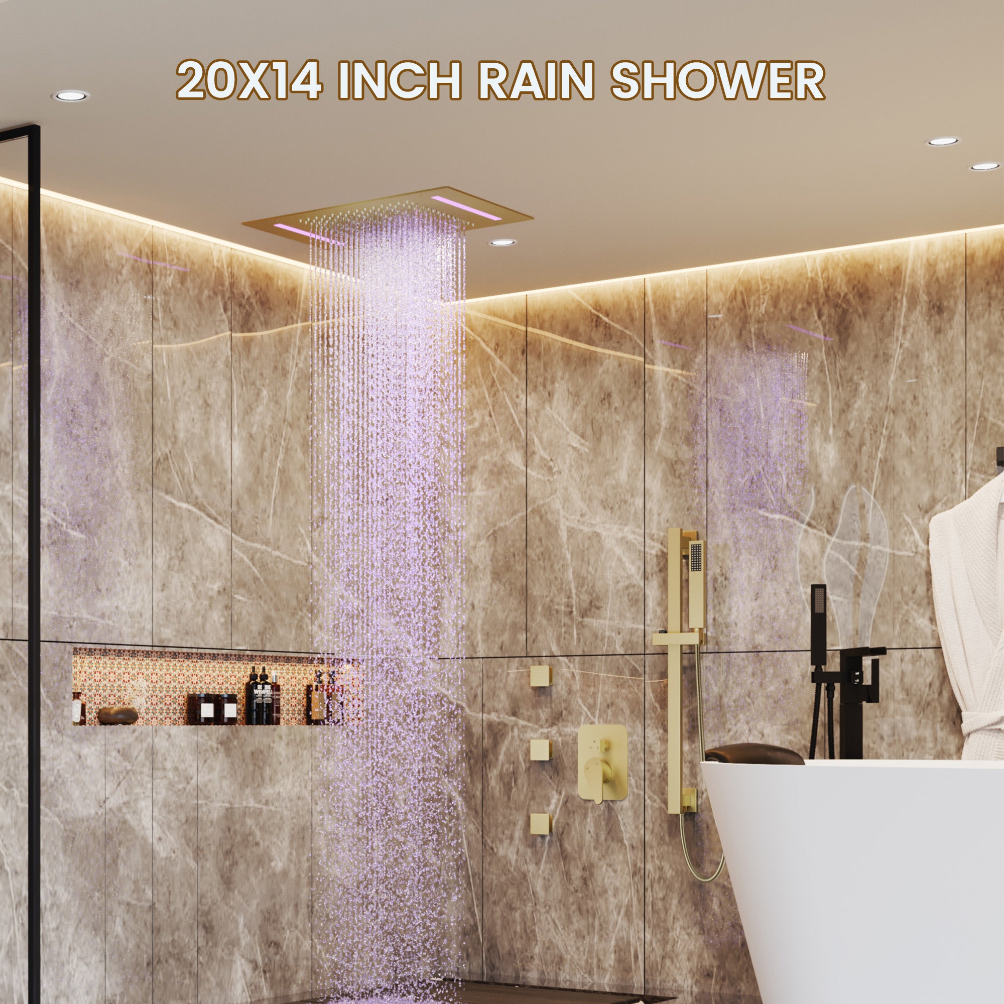 20*14 inch 3-Function Body Jet Shower System with LED Lights & Slide Bar