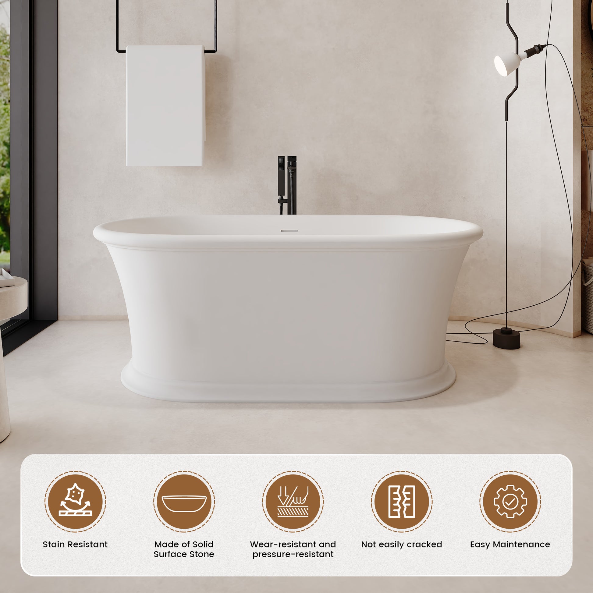 61" Hand-Polished Matte White Freestanding Bathtub with Pedestal Base