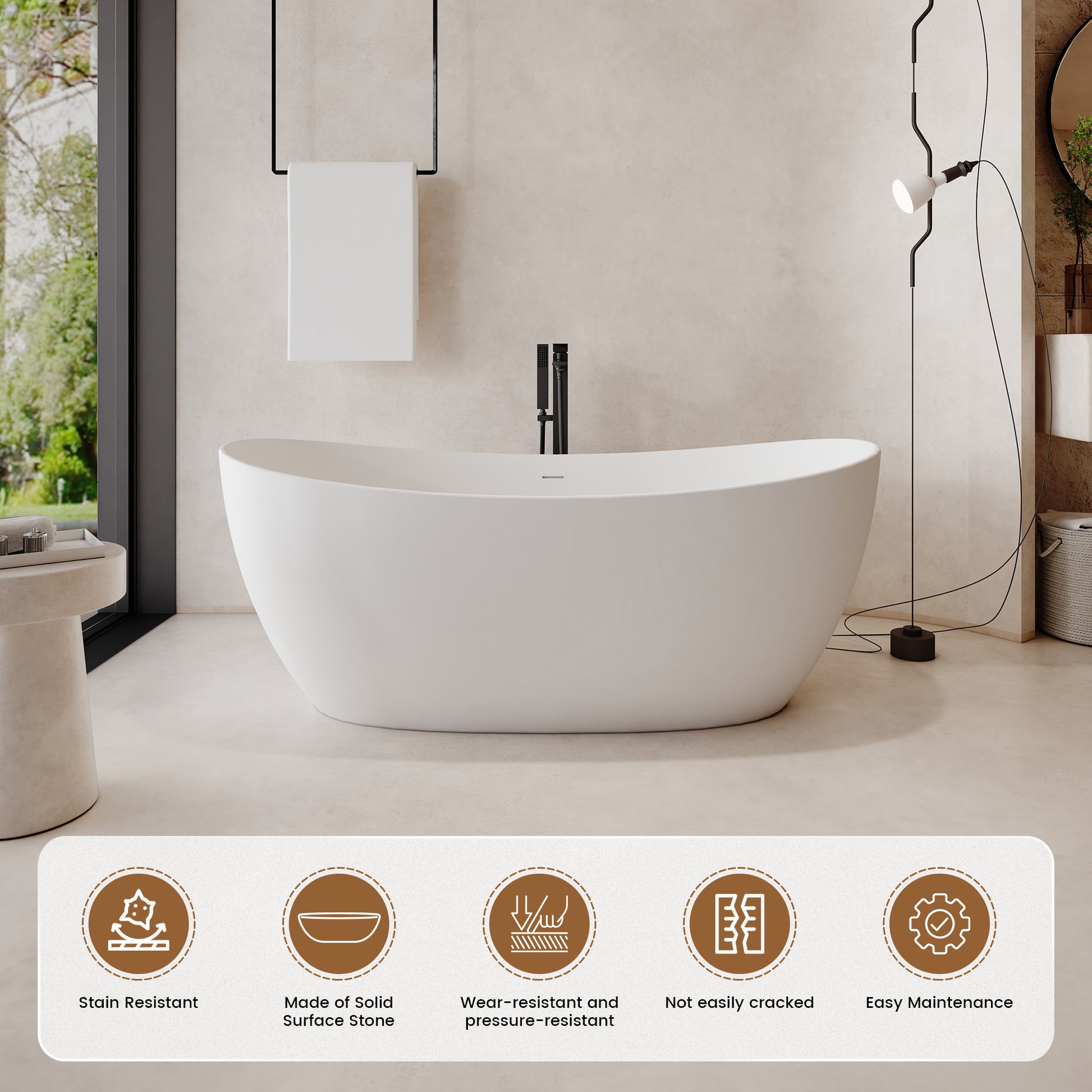 63" Freestanding Solid Surface Stone Bathtub with Symmetrical Moon Design