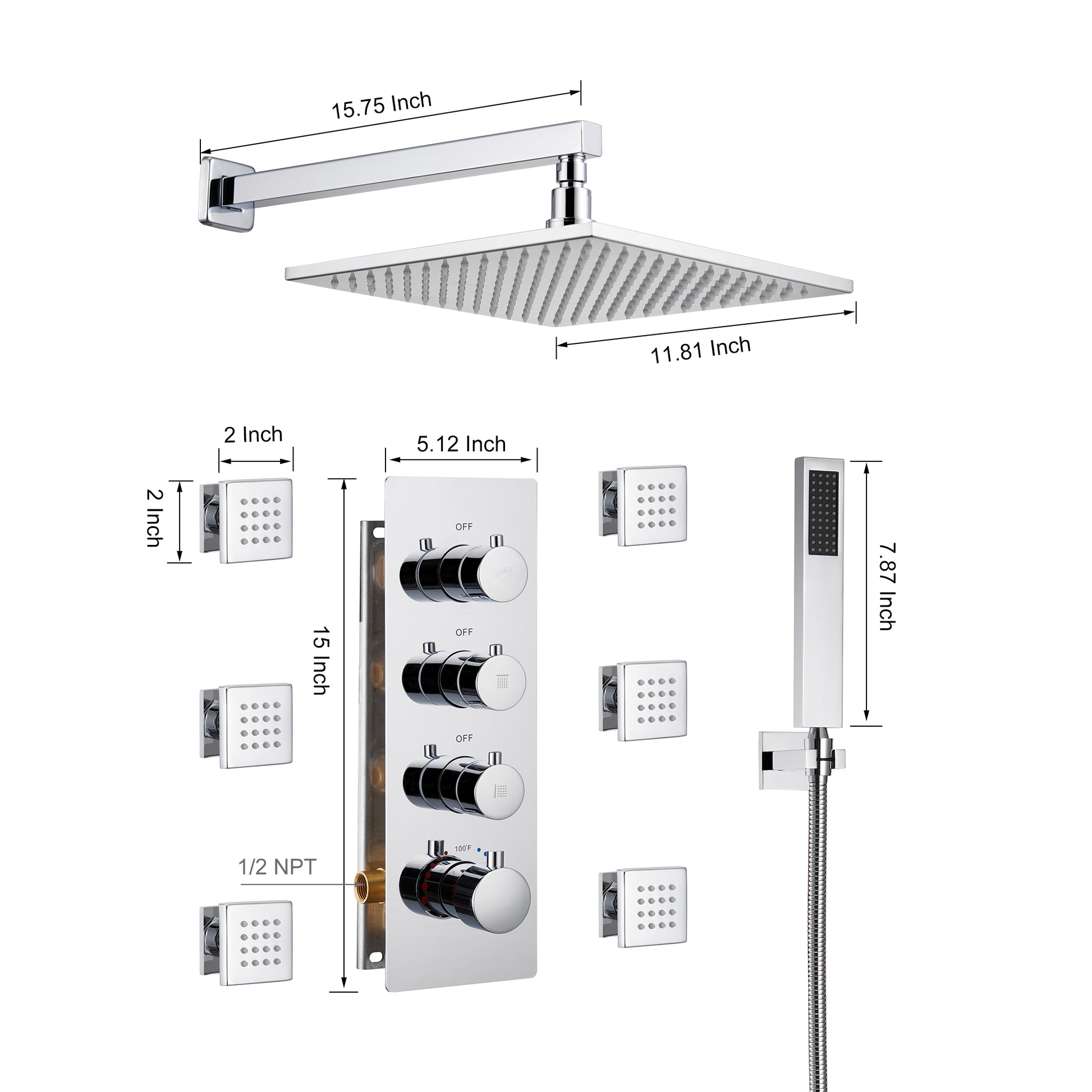 12" Thermostatic LED Shower System Wall-Mount Rain Showerhead with 6 Body Jets