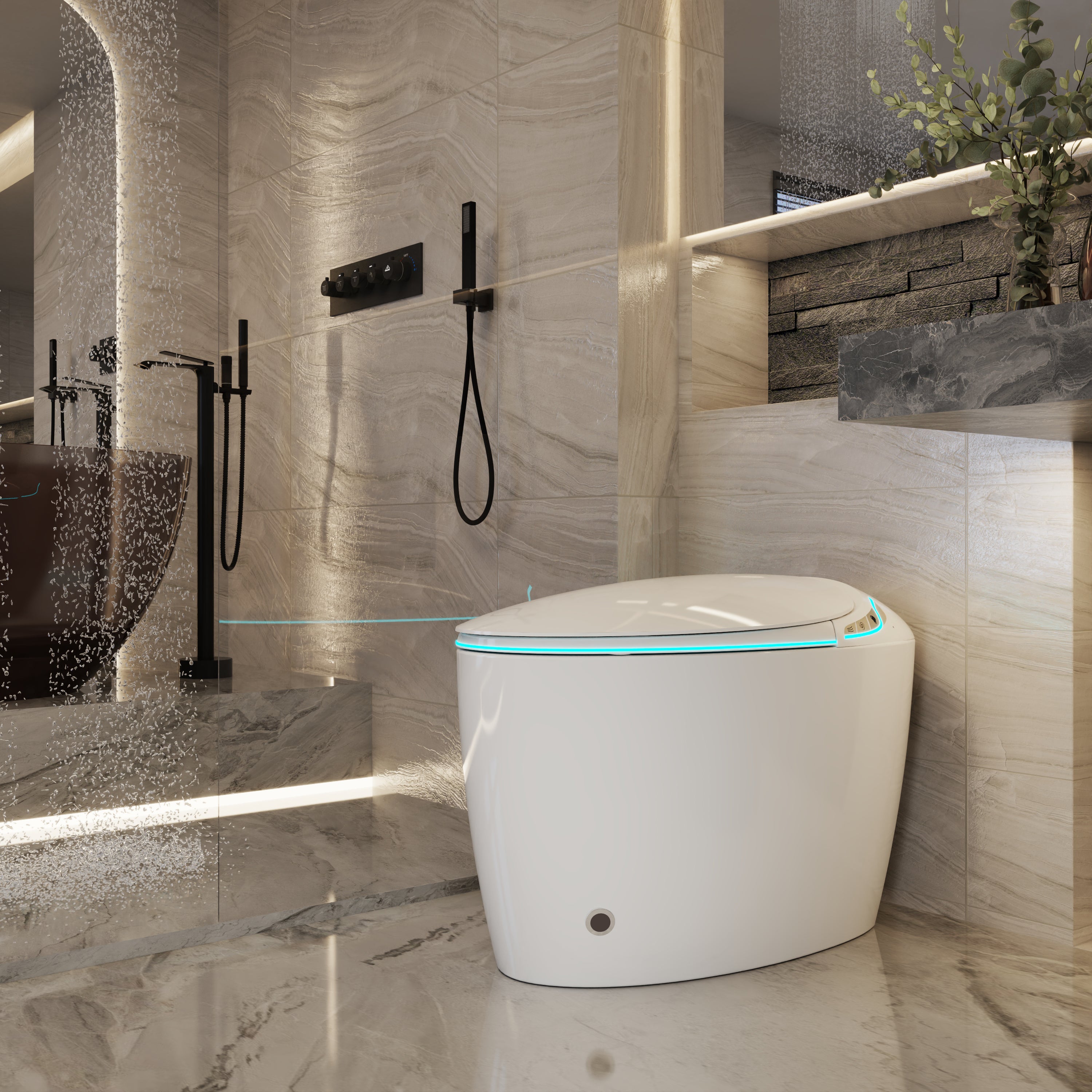 Egg-Shaped Smart Toilet with Automatic Lid, Heated Seat & Bidet Wash, Black & Pink