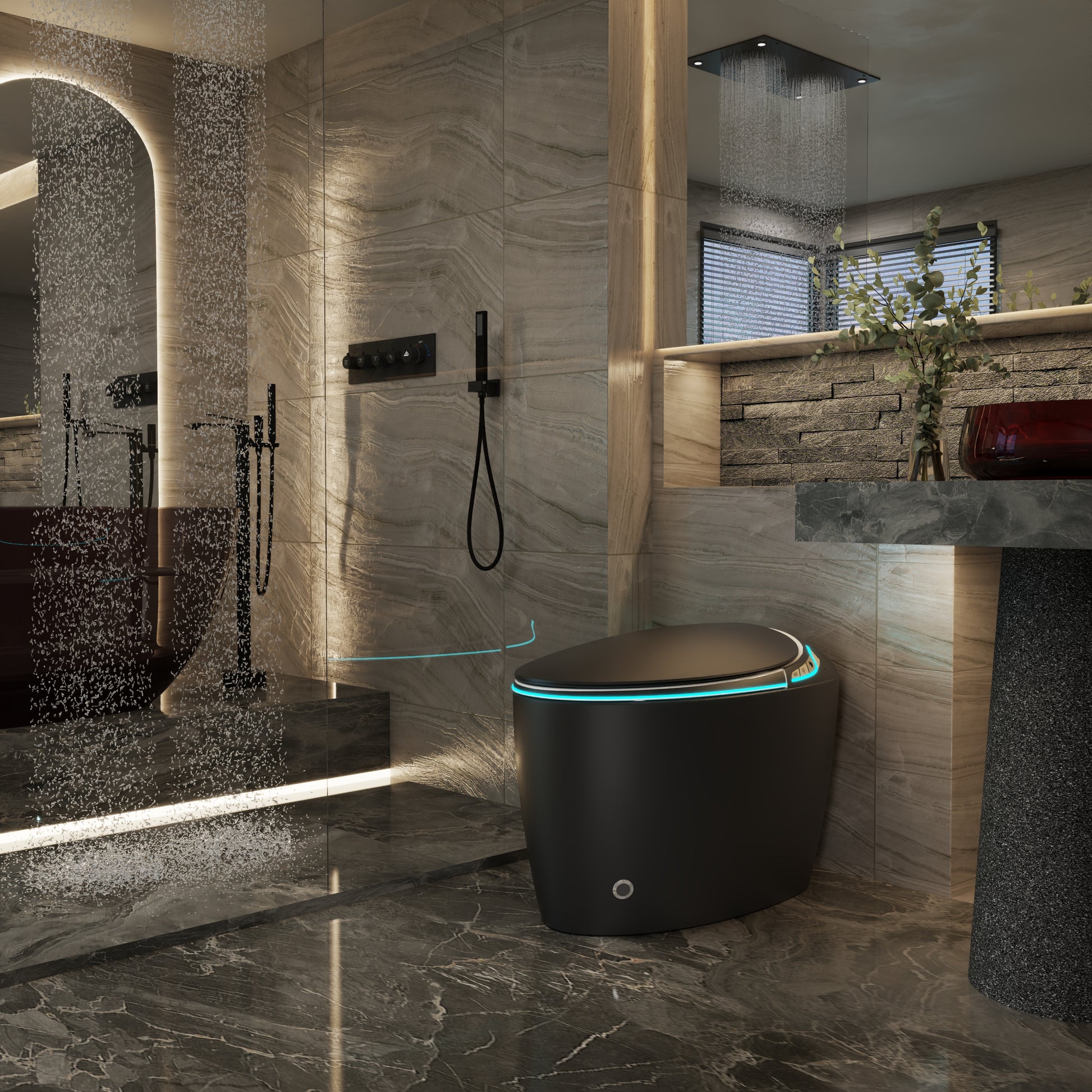 Egg-Shaped Smart Toilet with Automatic Lid, Heated Seat & Bidet Wash, Black & Pink