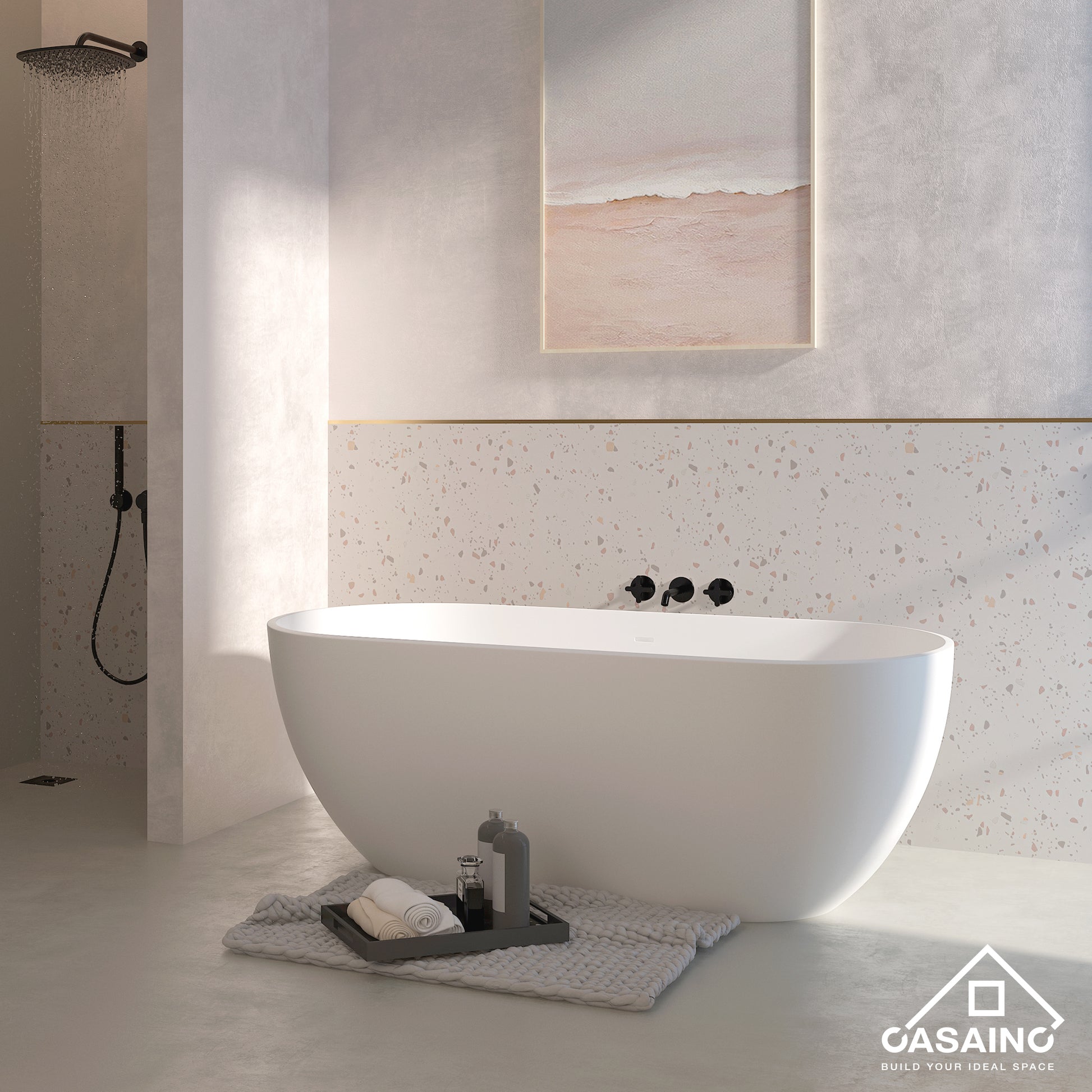 CASAINC 59/69" Solid Surface Bathtubs, Stone Resin Freestanding Tubs, Contemporary Oval Soaking Tub with Overflow and  Drain, Matte White