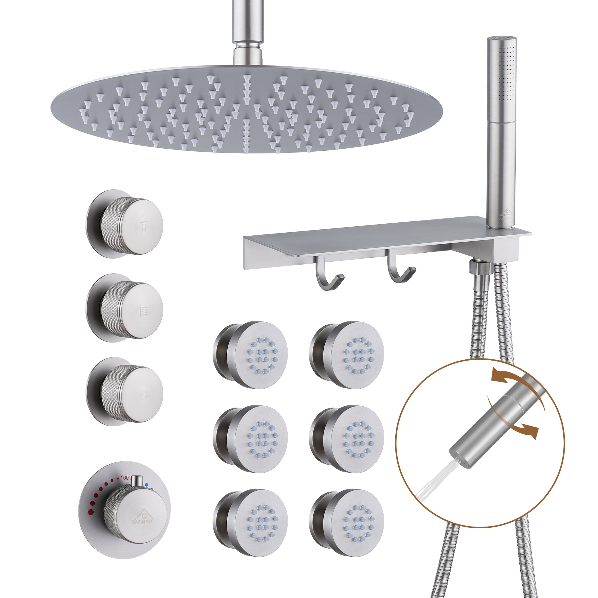 12" Shower System With Shelf, Handheld Shower With Spray Gun Feature
