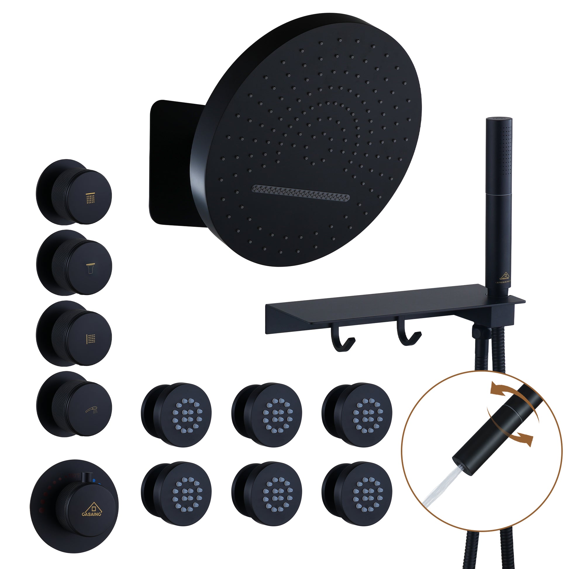 12" Adjustable Shower Head With Shelf Shower System, Hand Shower With Spray Gun Function