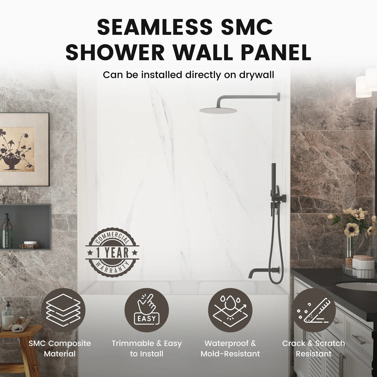 60"x36"x96" SMC Shower Wall Panels, Waterproof Grout-Free Shower Surround in 6 Finishes
