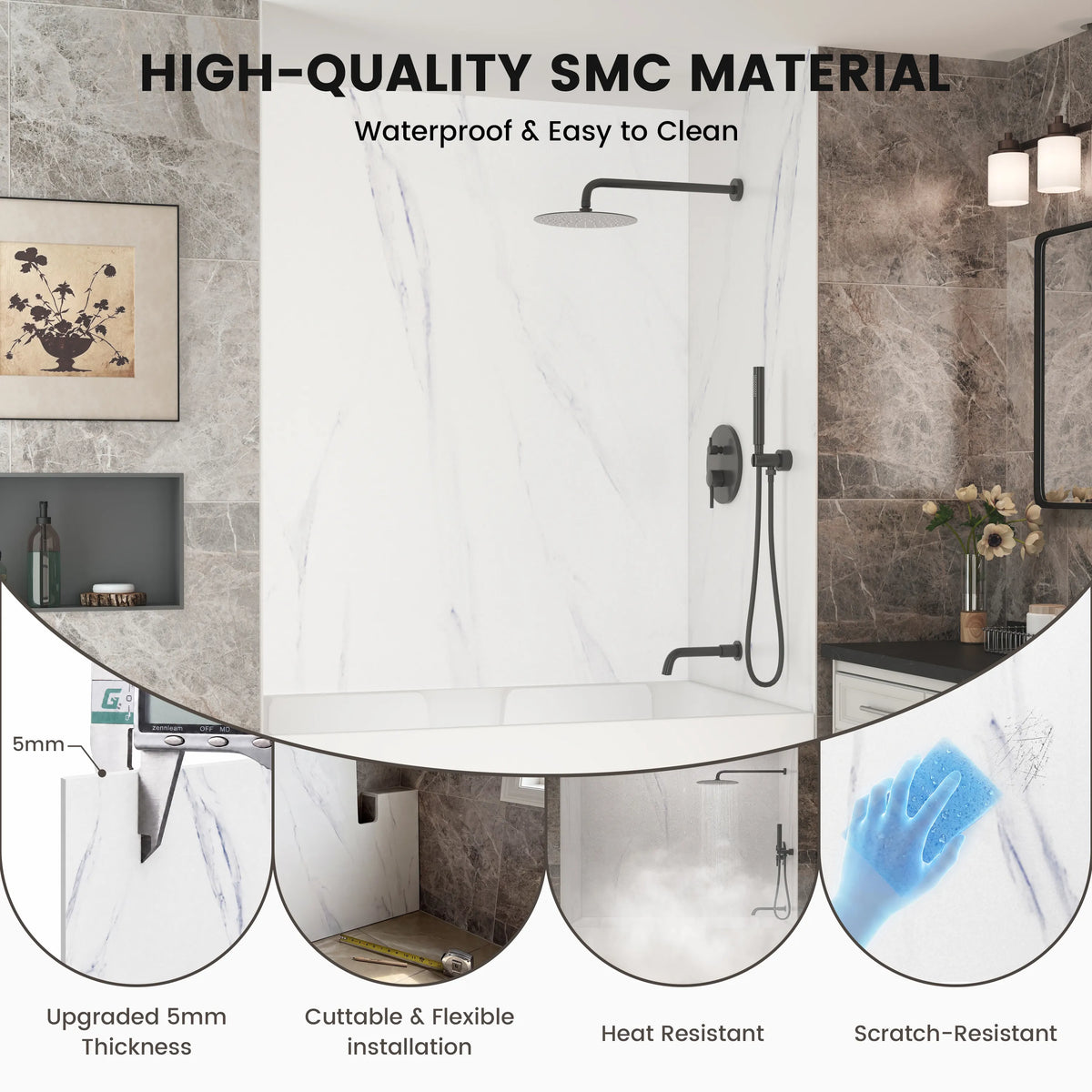 60"x36"x96" SMC Shower Wall Panels, Waterproof Grout-Free Shower Surround in 6 Finishes