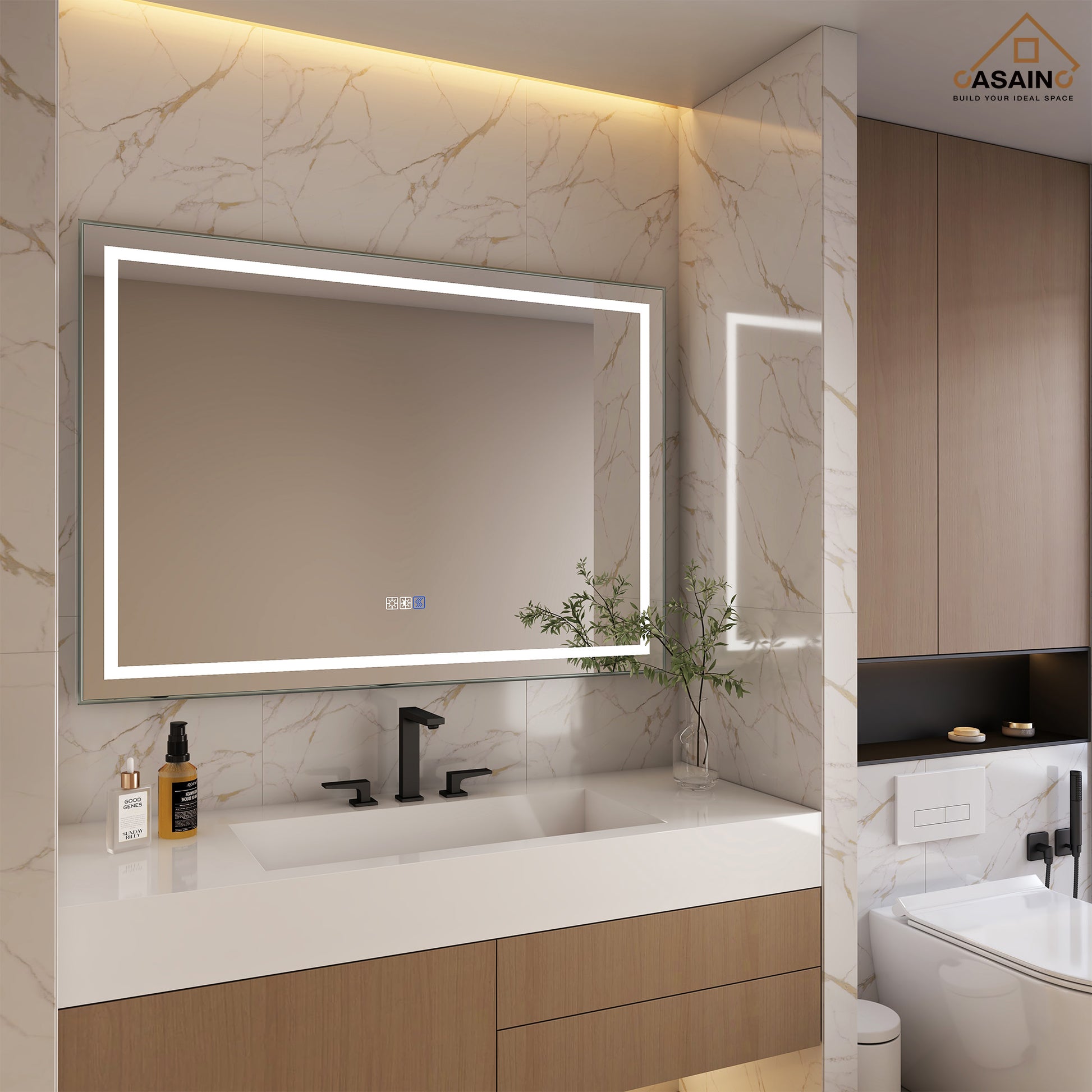 Frameless Rectangular LED Bathroom Mirror with Anti-Fog, Shatter-Proof