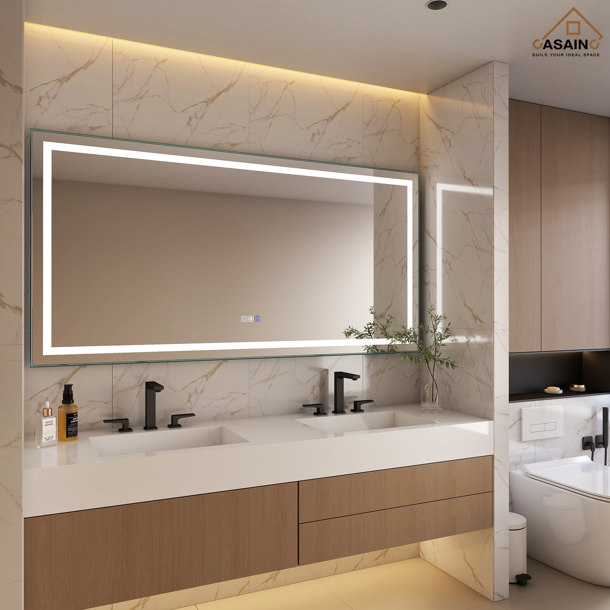 Frameless Rectangular LED Bathroom Mirror with Anti-Fog, Shatter-Proof