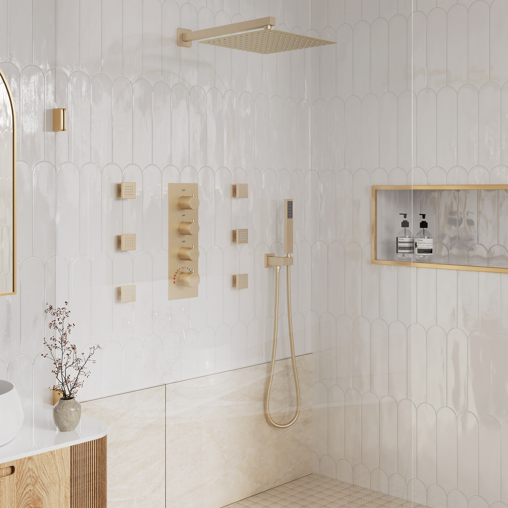 12" Thermostatic Shower System with Rainfall Showerhead & 6 Body Jets
