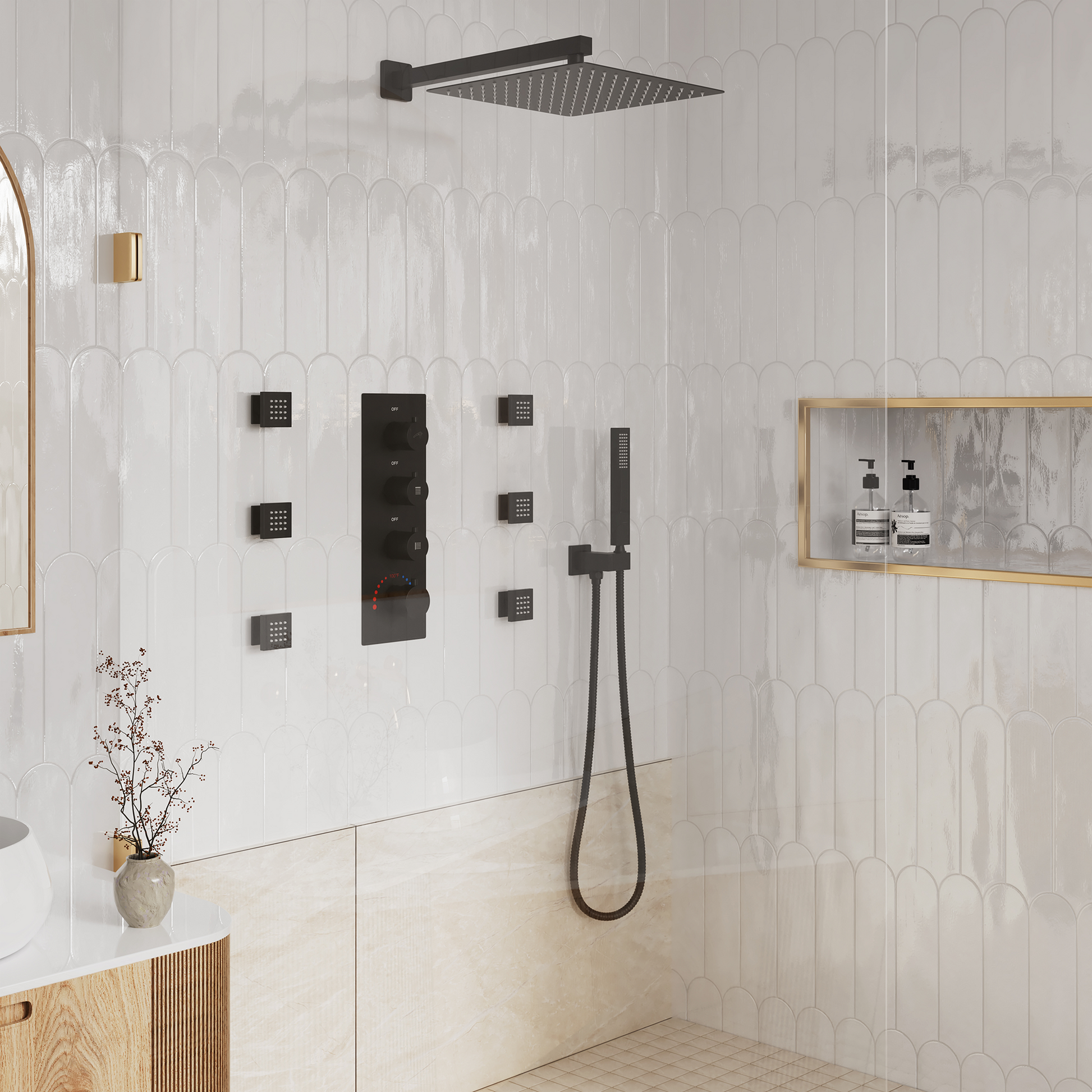 12" Thermostatic Shower System with Rainfall Showerhead & 6 Body Jets