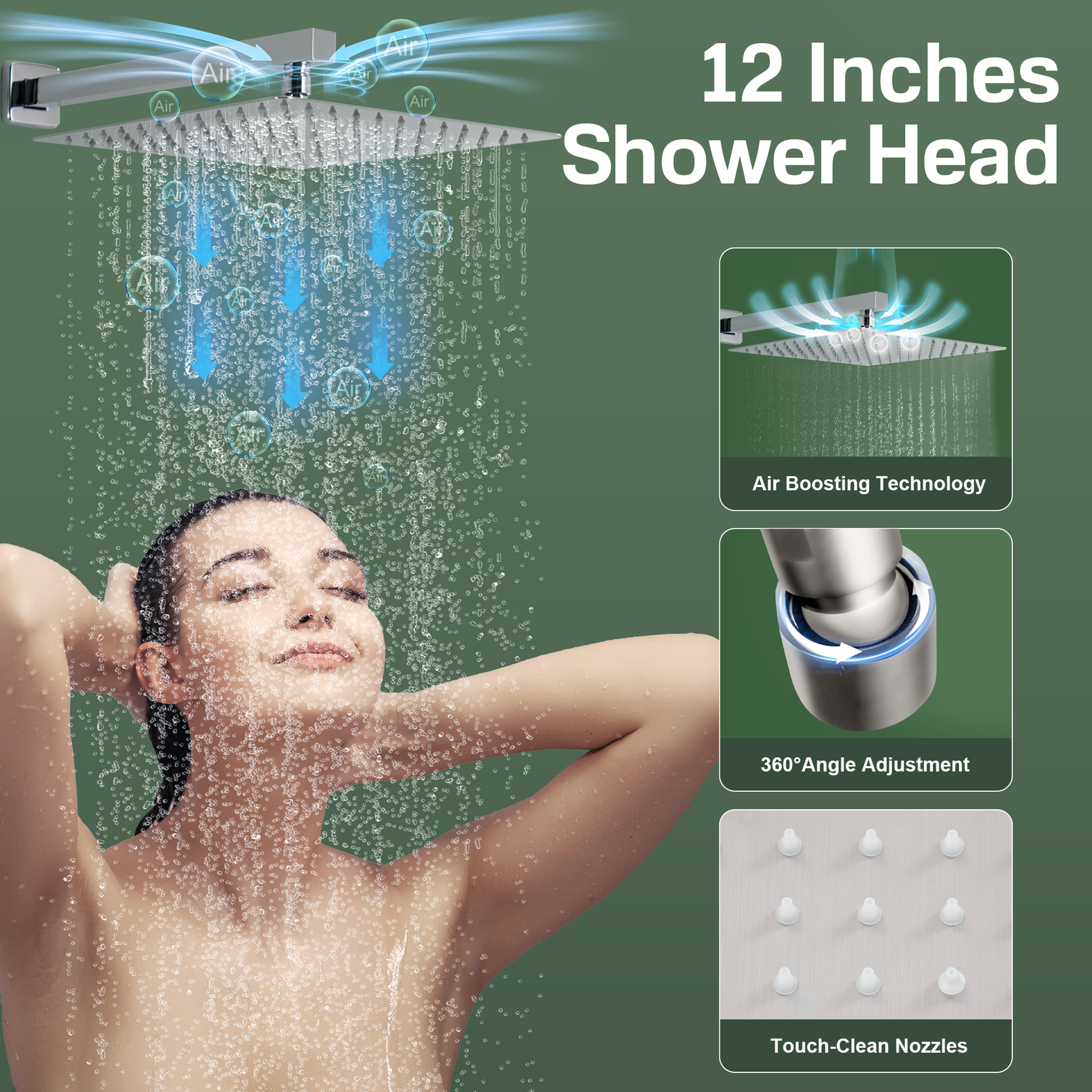 12" Thermostatic Shower System with Rainfall Showerhead & 6 Body Jets