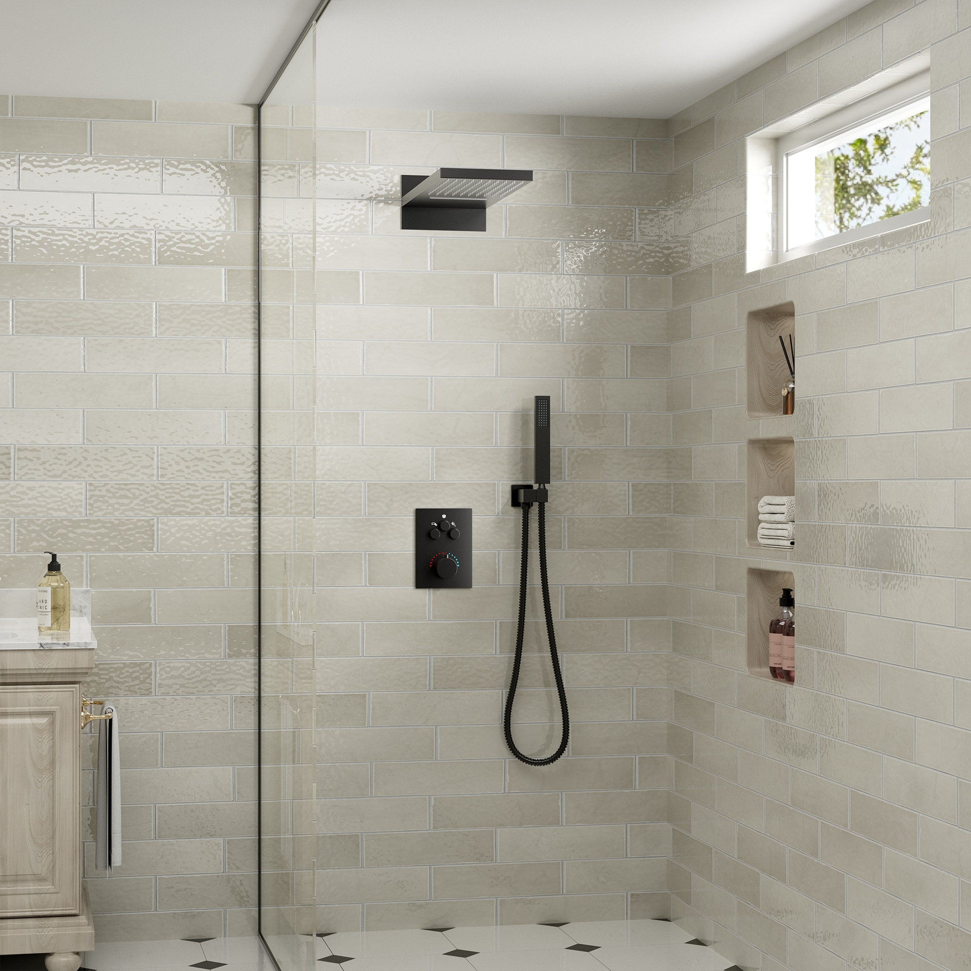 22" Thermostatic Shower System with Rainfall and Waterfall Shower Head