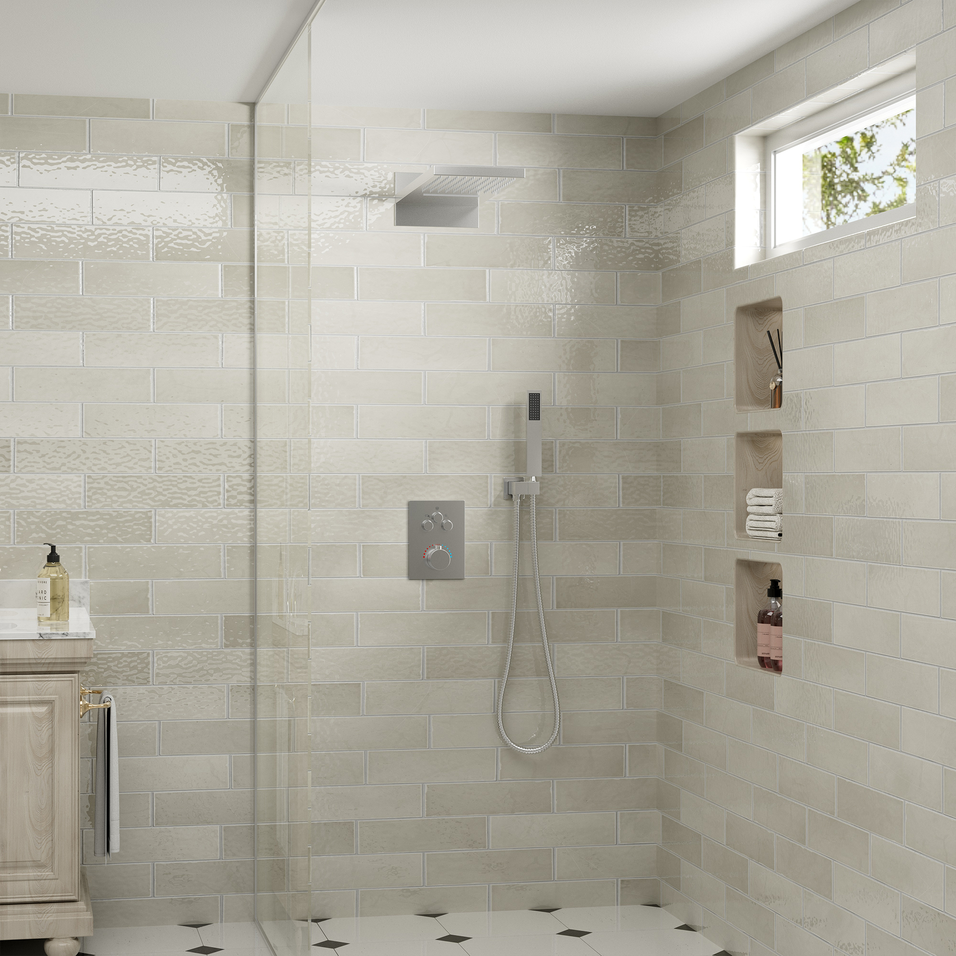 22" Thermostatic Shower System with Rainfall and Waterfall Shower Head