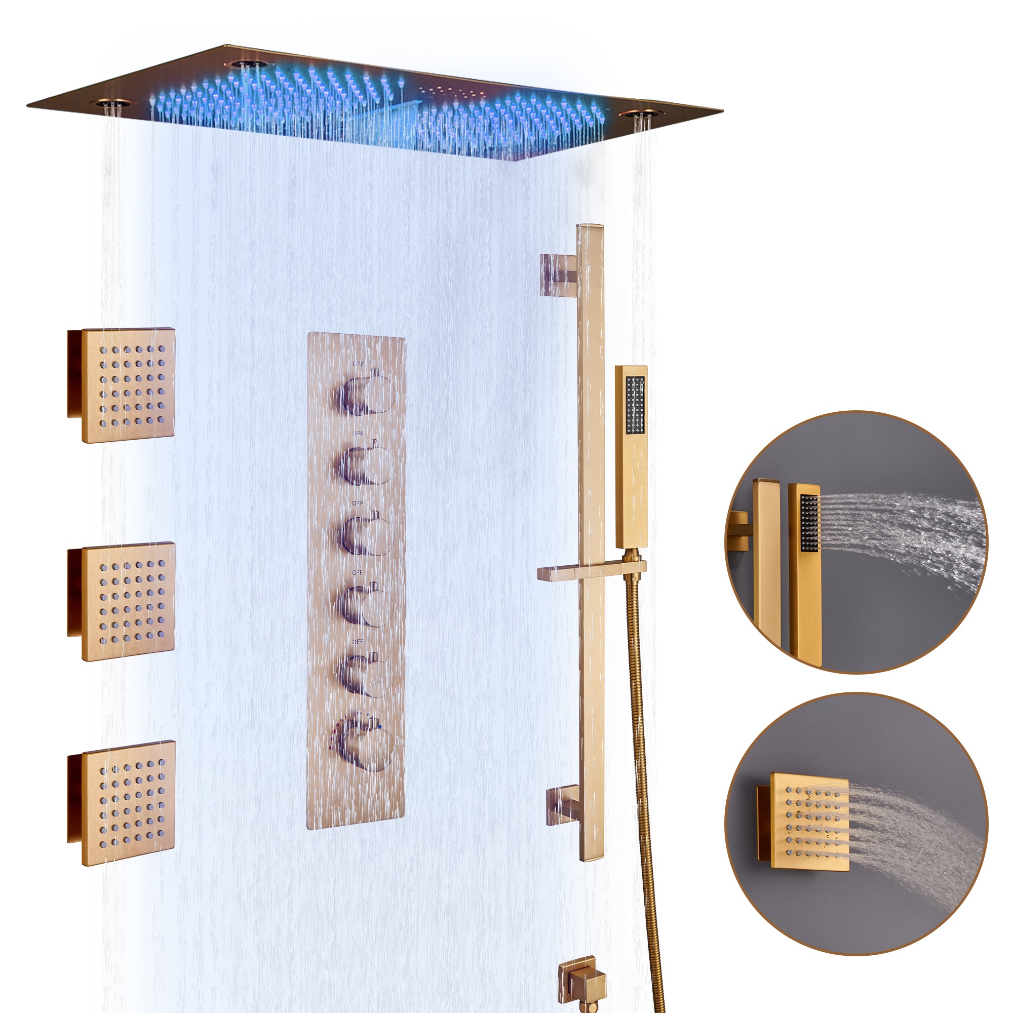 27.6" x 15.7" Luxury Thermostatic Shower System with LED Rainfall & Waterfall